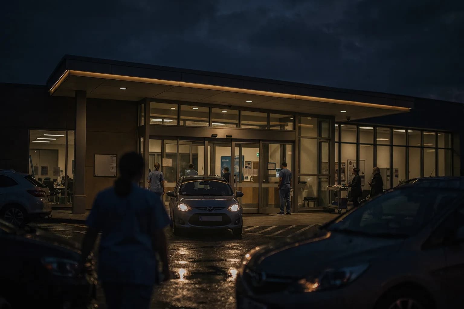 Vordach eines Krankenhauseingangs in der Dämmerung, vom Parkplatz aus gesehen, beleuchtete Fenster, ein Wagen fährt vor