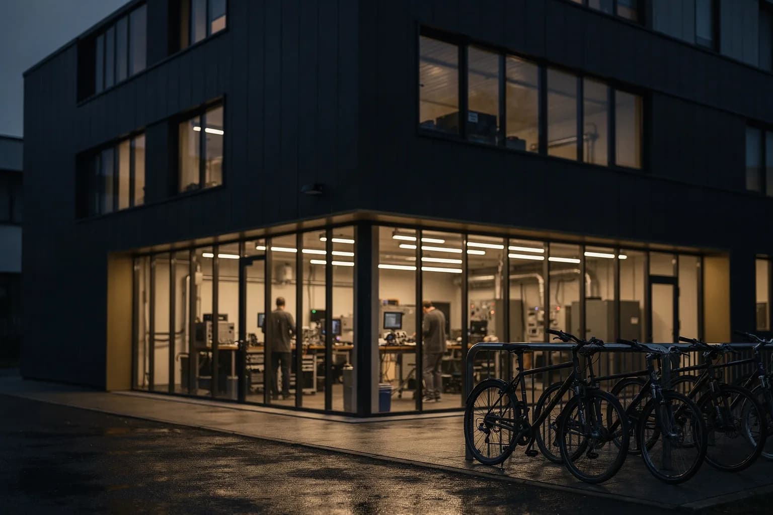 Gebäude eines Technologiebetriebs in der Dämmerung, verglastes Erdgeschoss mit beleuchteten Werkbänken, Fahrradständer davor