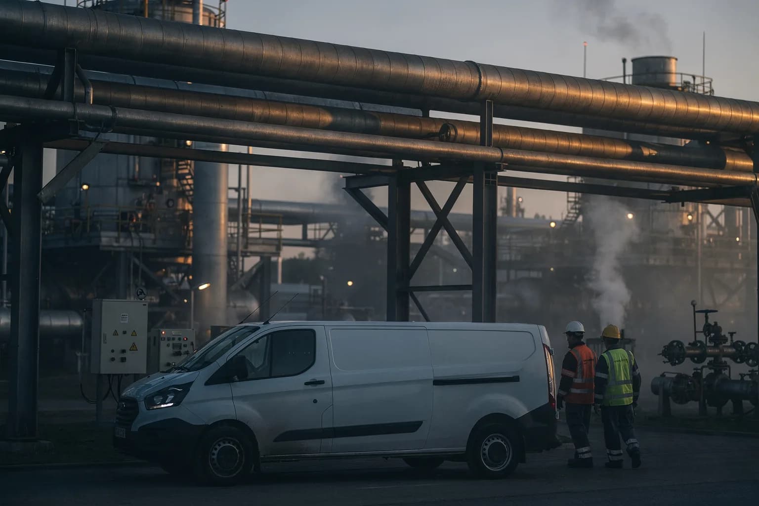 Industrieanlage im Morgengrauen mit isolierten Rohrbrücken zwischen den Anlagenteilen, aufsteigender Dampf