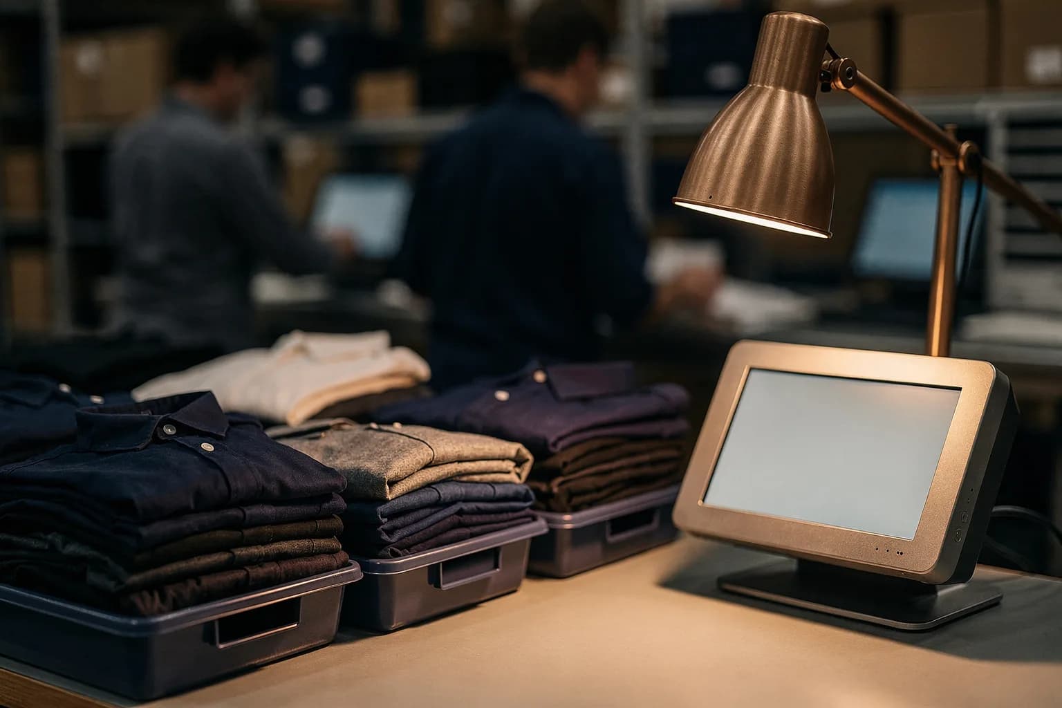 Arbeitstisch für Retouren mit gefalteter Kleidung in Wannen und einem kleinen Terminal, warme Leuchte