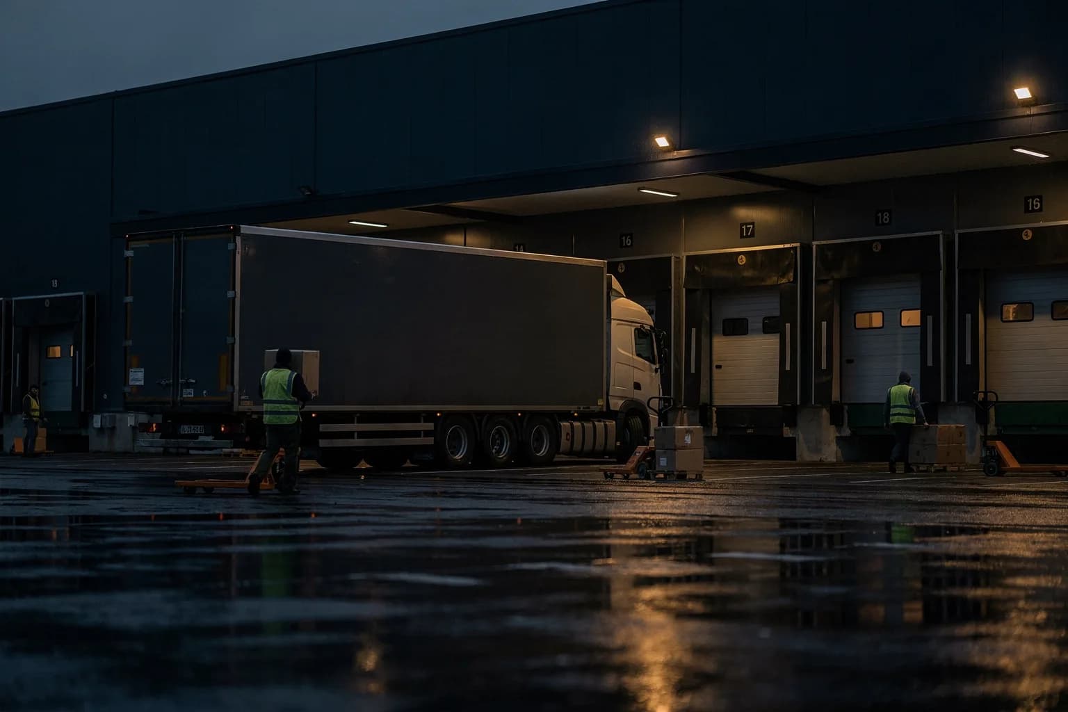 Verteilgebäude für Modeware in der Dämmerung, Laderampen mit Rolltoren, ein Lastwagen davor, nasser Asphalt