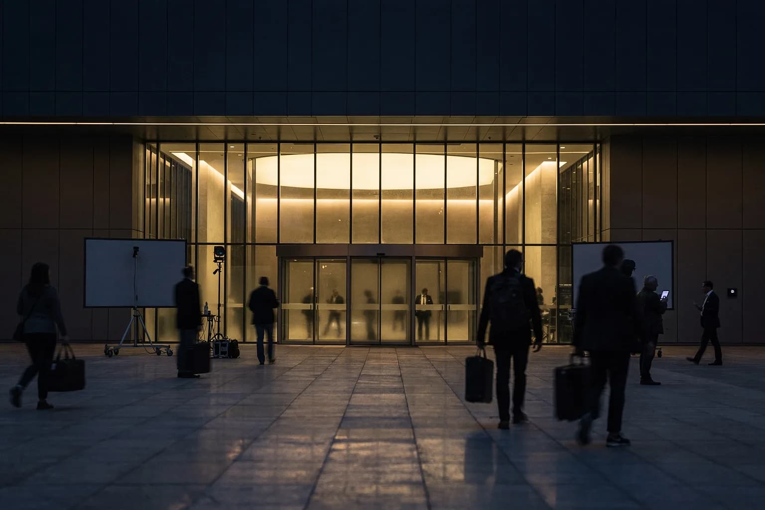 Eingang eines Kongresszentrums in der Dämmerung mit beleuchtetem verglastem Foyer und breitem Vorplatz, wenige Menschen, lange Spiegelungen