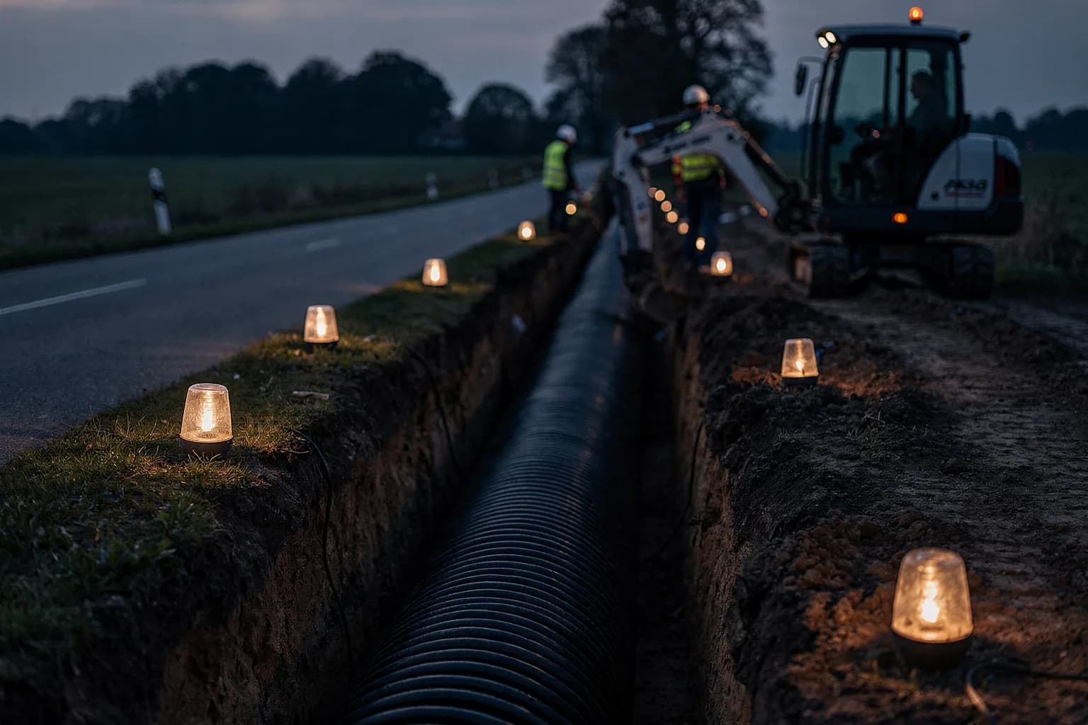 Reihe von Gittermasten, die in der Dämmerung offenes Ackerland überquert, ein Schotterweg führt zum nächsten Mast, flacher Horizont