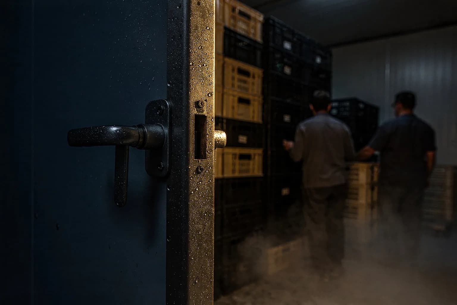Geöffnete Tür einer Reifekammer mit Kondenswasser am Rahmen, dahinter gestapelte Steigen im kühlen Innenraum