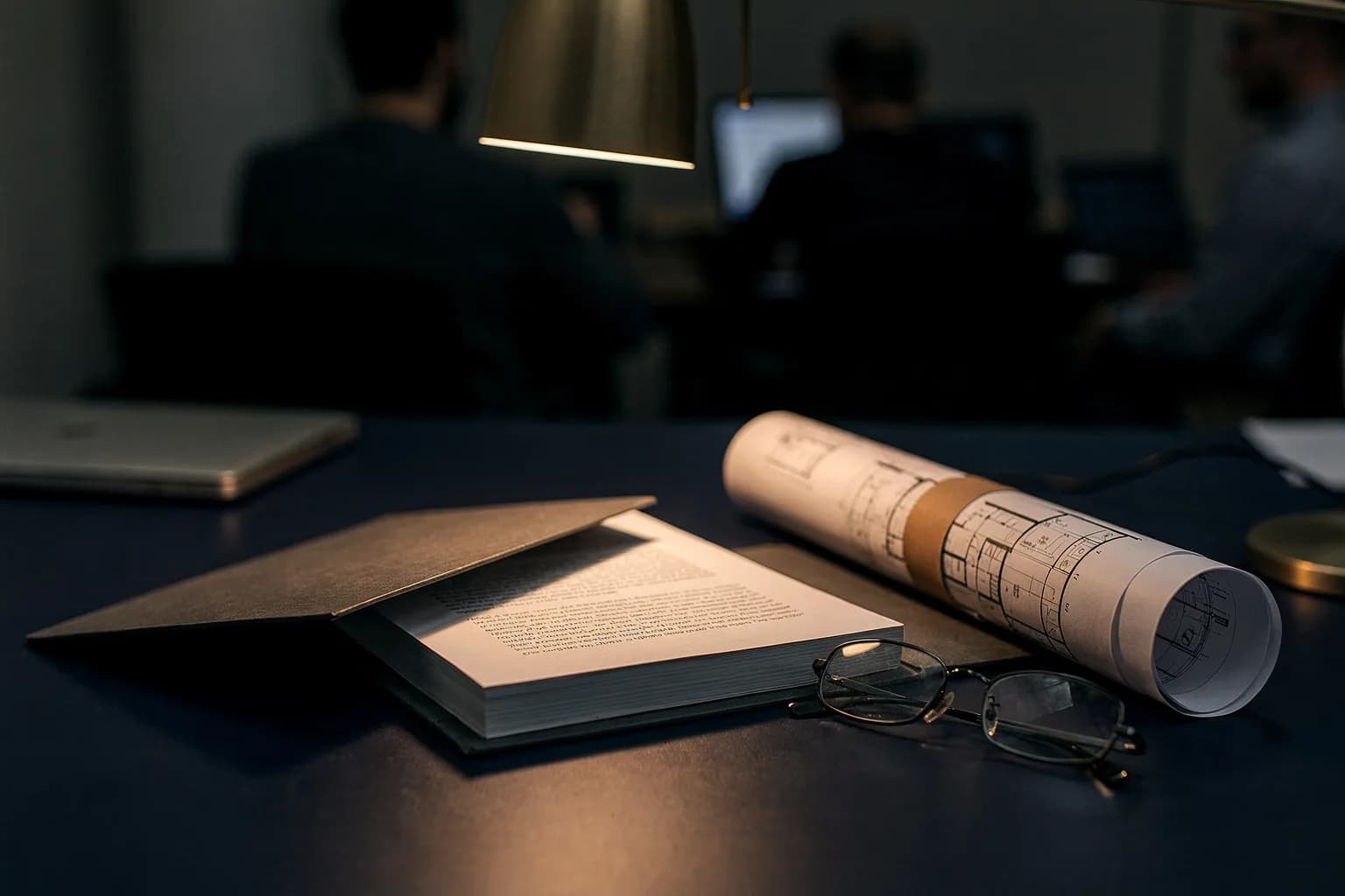 Schreibtisch mit einem dicken gedruckten Bericht in einer Mappe, einem zusammengerollten Grundriss und einer Lesebrille, warmes Lampenlicht