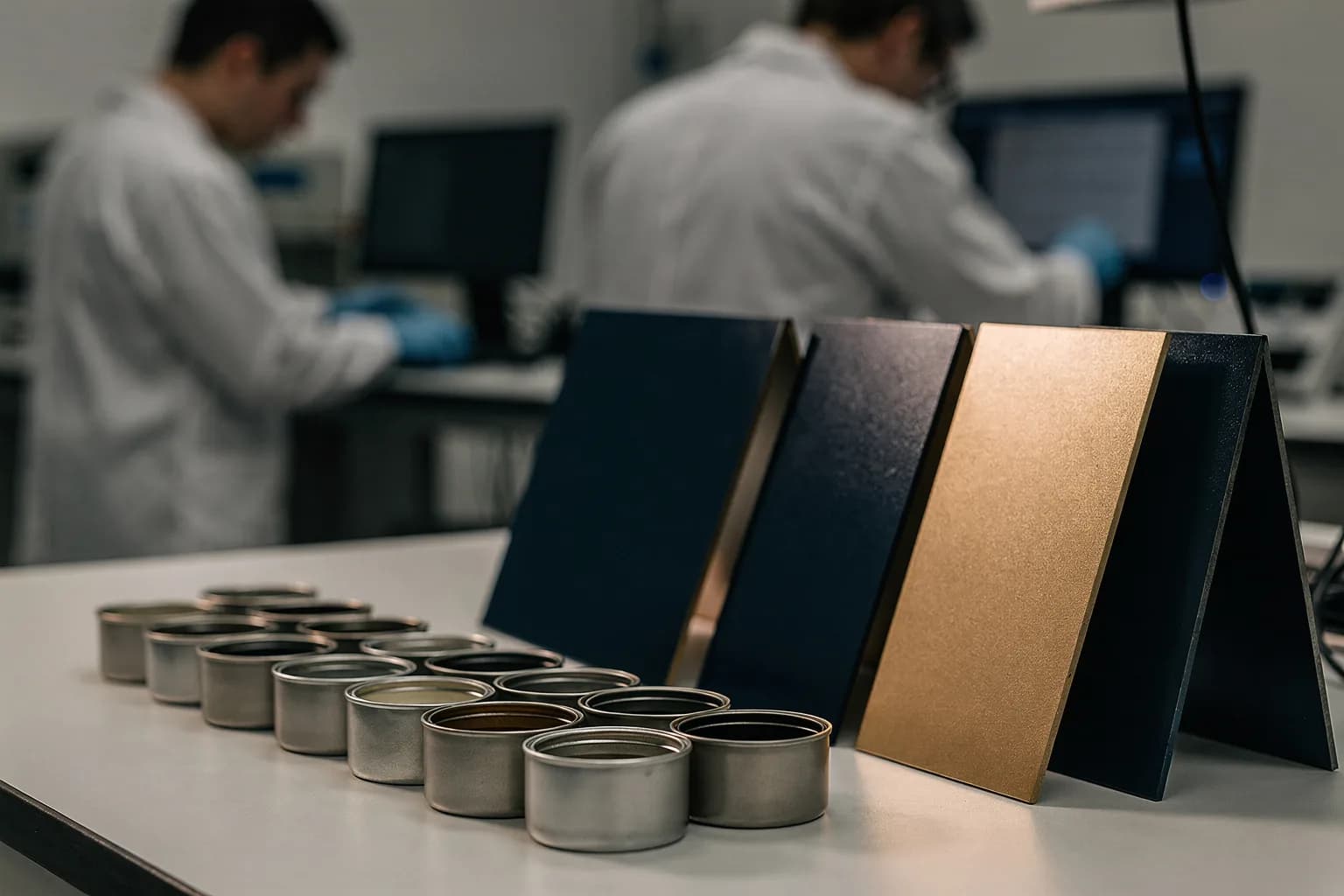 Reihe unbeschrifteter geöffneter Musterdosen mit Beschichtung auf einer Laborbank, daneben beschichtete Metallprüftafeln, gleichmäßiges Licht