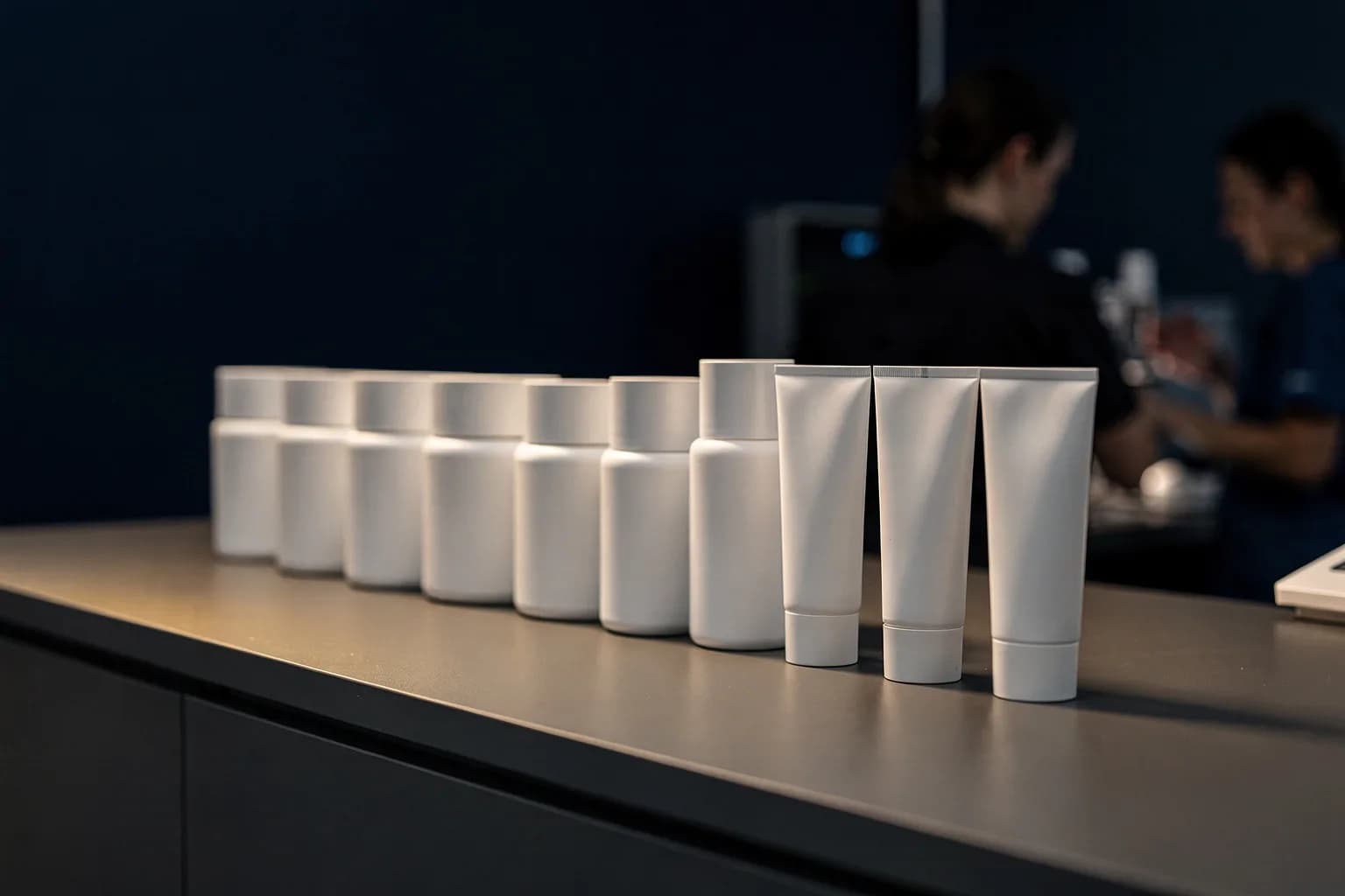 Reihe unbeschrifteter weißer Kosmetiktiegel und Tuben auf einer Bank unter weichem gleichmäßigem Licht, leere Oberflächen
