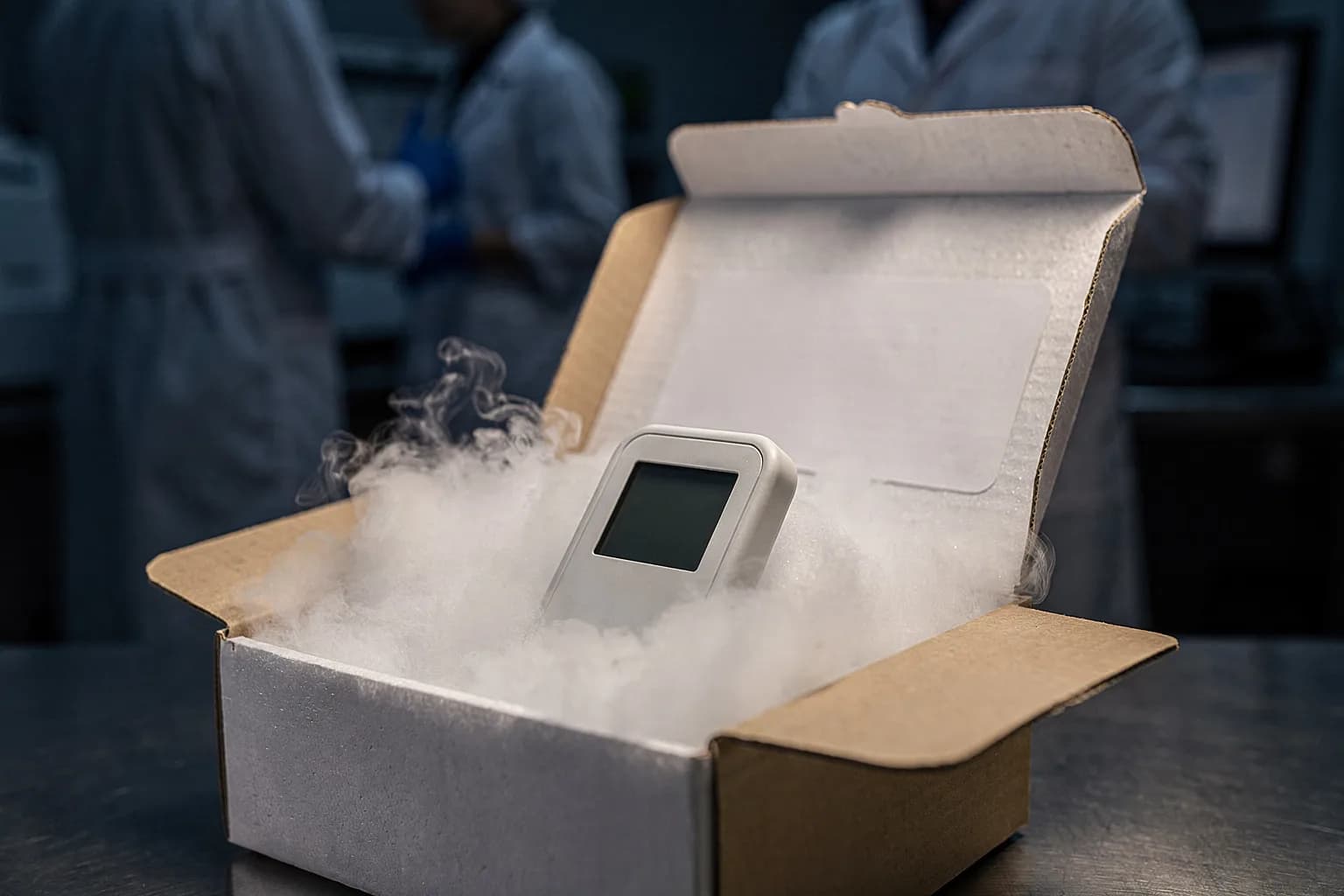 Nahaufnahme einer geöffneten Styroporversandbox mit aufsteigendem Trockeneisnebel und einem kleinen Temperaturschreiber darin, unbeschriftete Etiketten