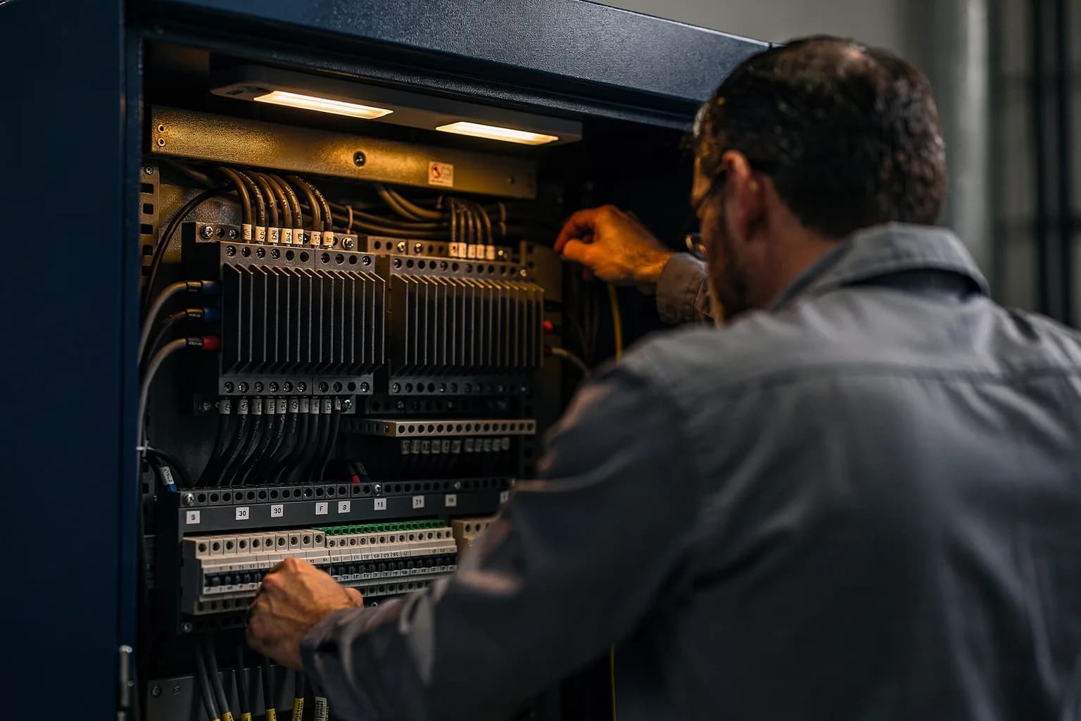 Geöffneter Technikschrank hinter einer Ladesäule mit Leistungselektronik-Modulen und dicker Verkabelung, Kühlrippen, Servicelicht