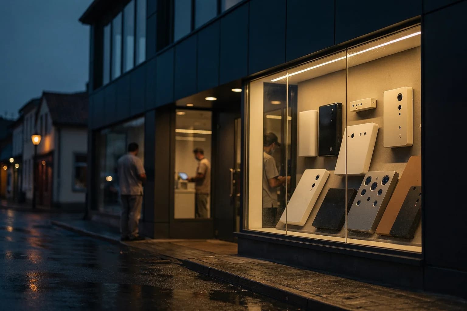 Handels- und Logistikgebäude in der Dämmerung, beleuchtetes Schaufenster mit Instrumenten, Kleinstadtstraße, nasser Gehweg