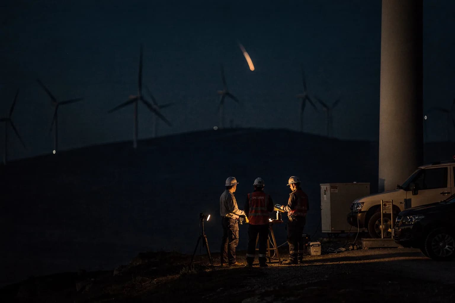 Windpark auf einem Höhenrücken bei Nacht, Silhouetten der Anlagen dunkel vor tiefblauem Himmel, in der Ferne eine einzelne Lichtspur eines Flugzeugs
