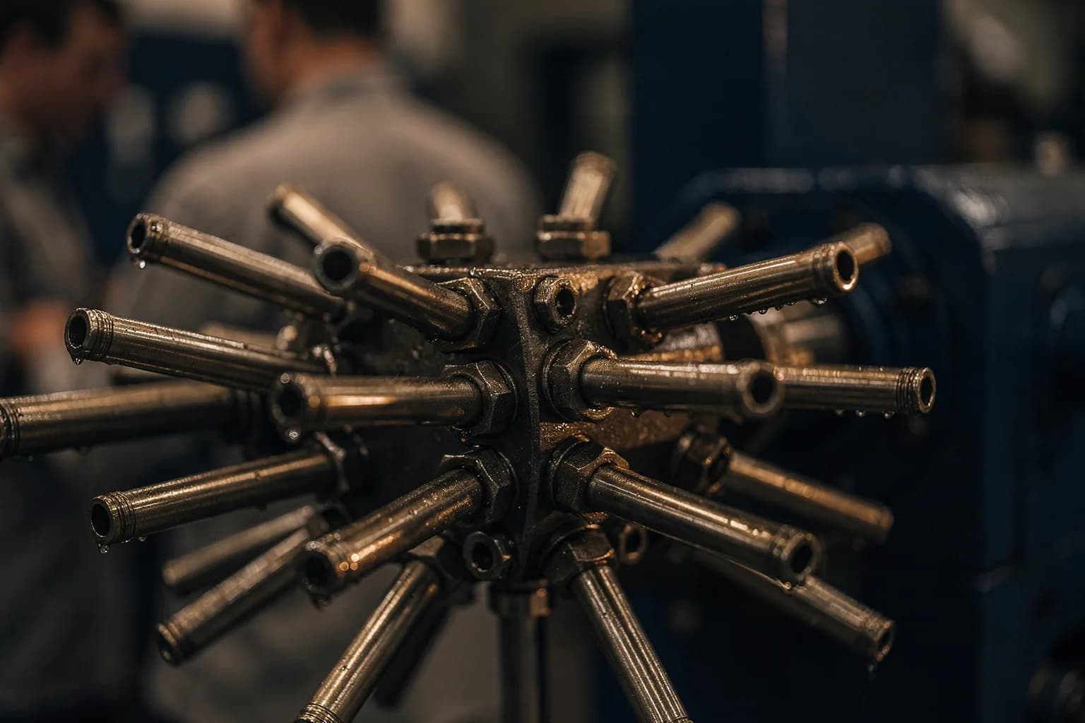Nahaufnahme eines Progressivverteilers mit vielen dünnen Stahlrohren, die sternförmig davon abgehen, dünner Ölfilm auf dem Metall