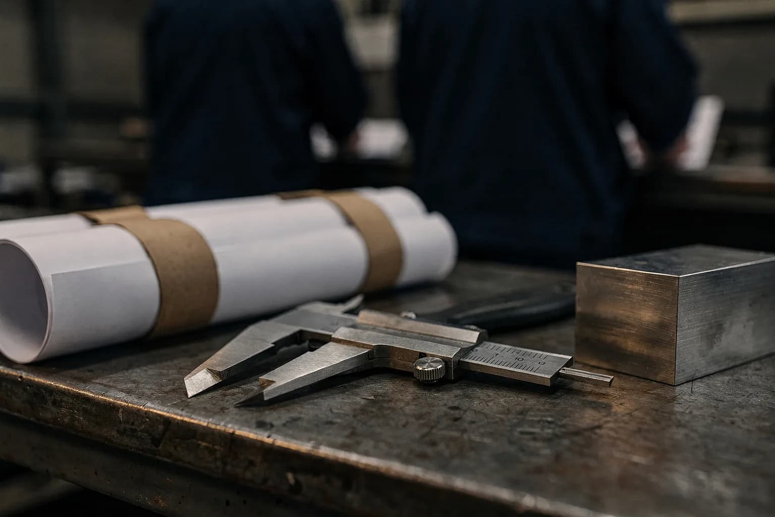 Konstruktionsarbeitsplatz mit zusammengerollten technischen Zeichnungen, einem Messschieber und einem gefrästen Metallmuster, Licht von der Seite
