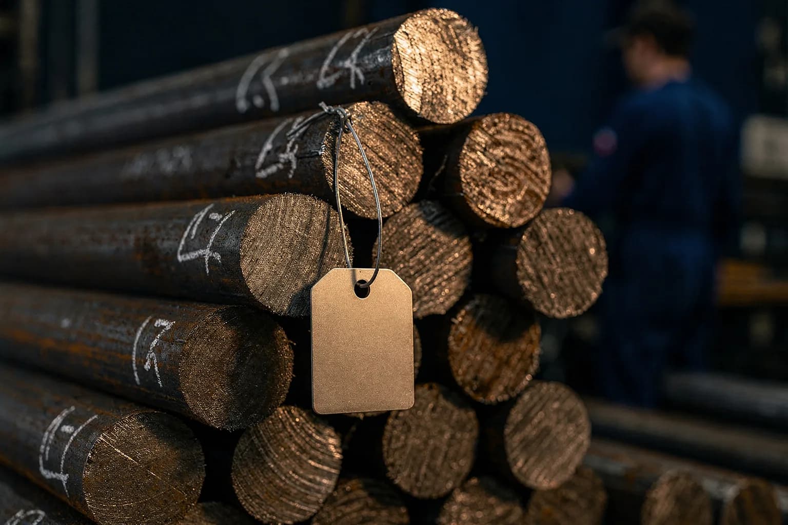 Nahaufnahme frisch gesägter Enden von Stahlstangen mit Kreidemarkierungen und einem unbeschrifteten gestanzten Metallanhänger an einem Draht