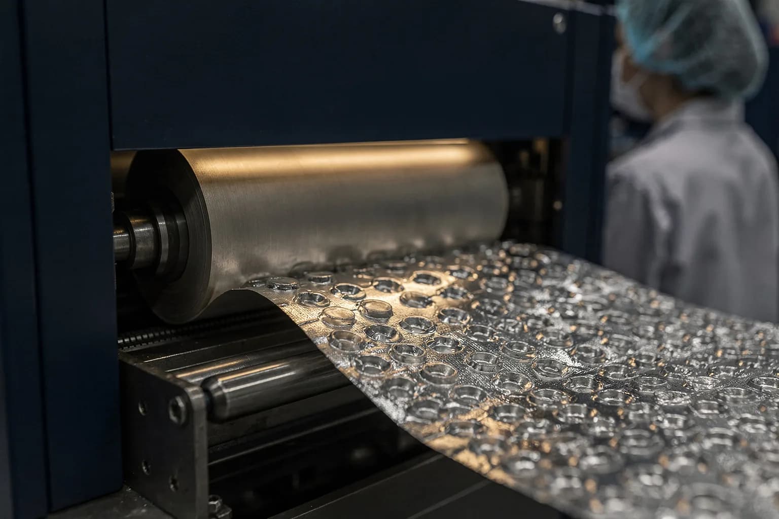Nahaufnahme einer Blisterverpackungsmaschine, die Folienmulden formt, blankes Werkzeug und aufgerollte Folie