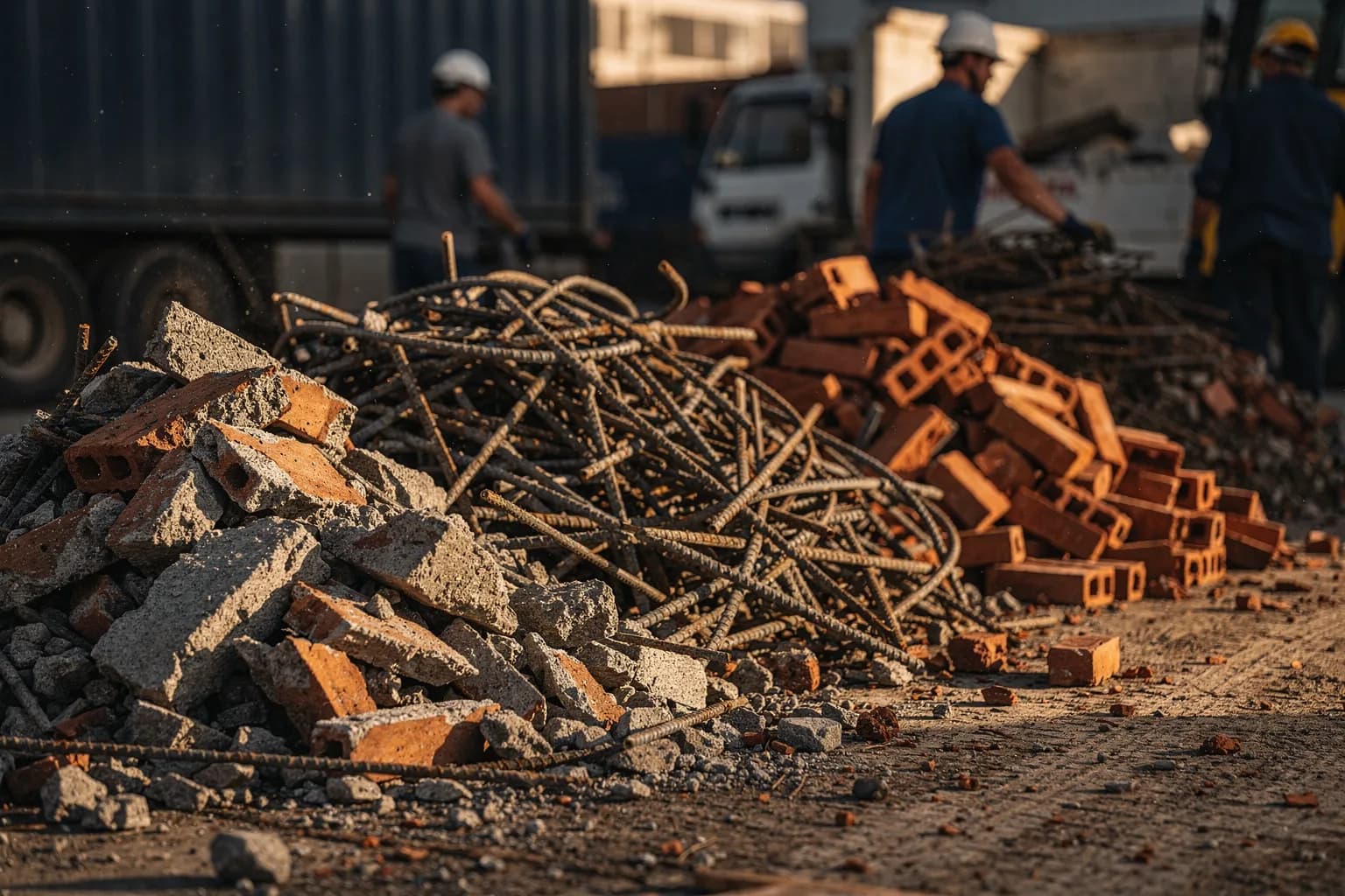 Nahaufnahme sortierten Bauschutts mit getrennten Haufen aus Beton, Bewehrungsstahl und Ziegel, staubige Oberflächen, geringe Schärfentiefe