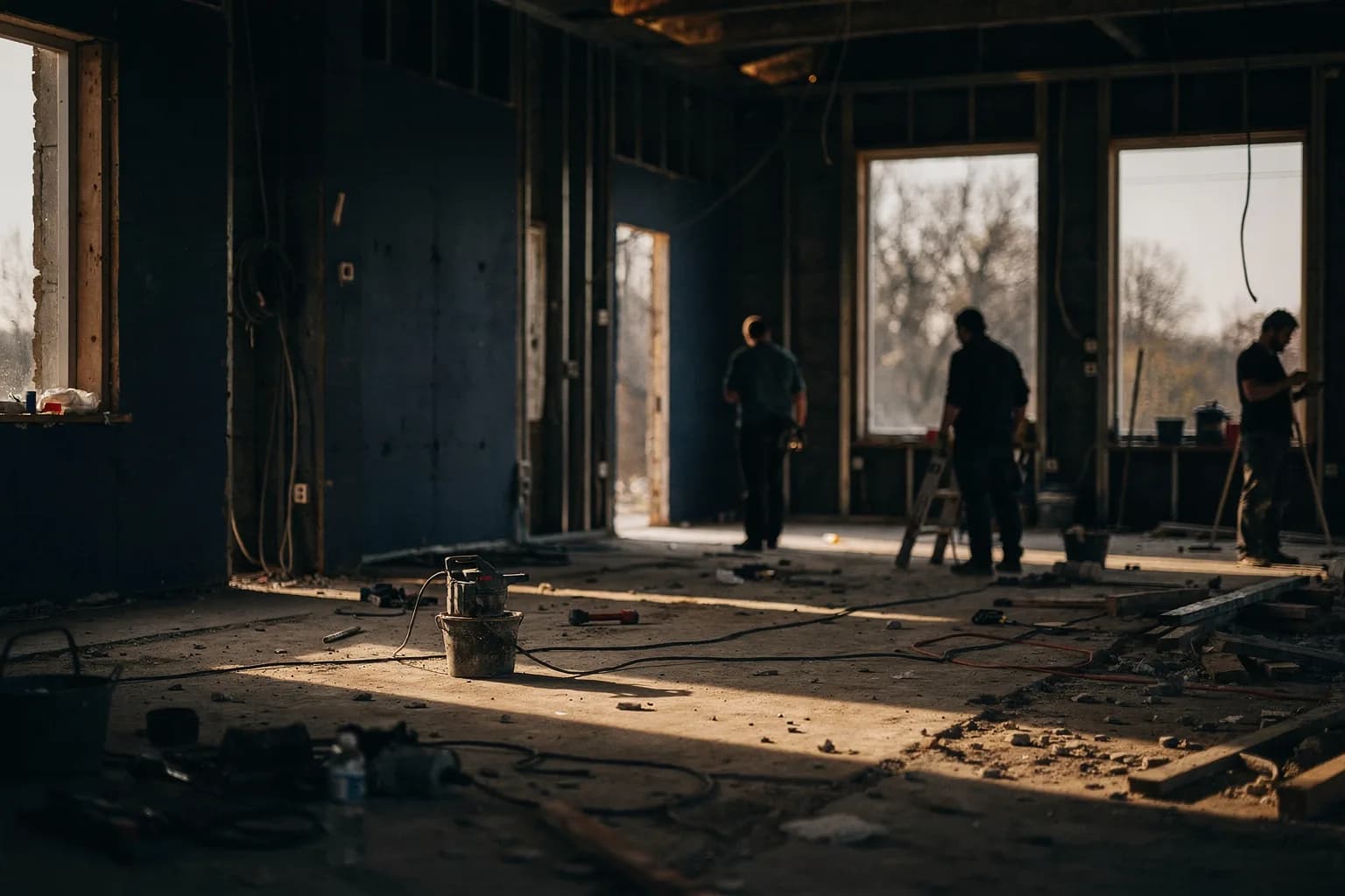 Innenraum eines entkernten Gebäudes mit nackten Wänden und entfernten Einbauten, Tageslicht durch leere Fensteröffnungen