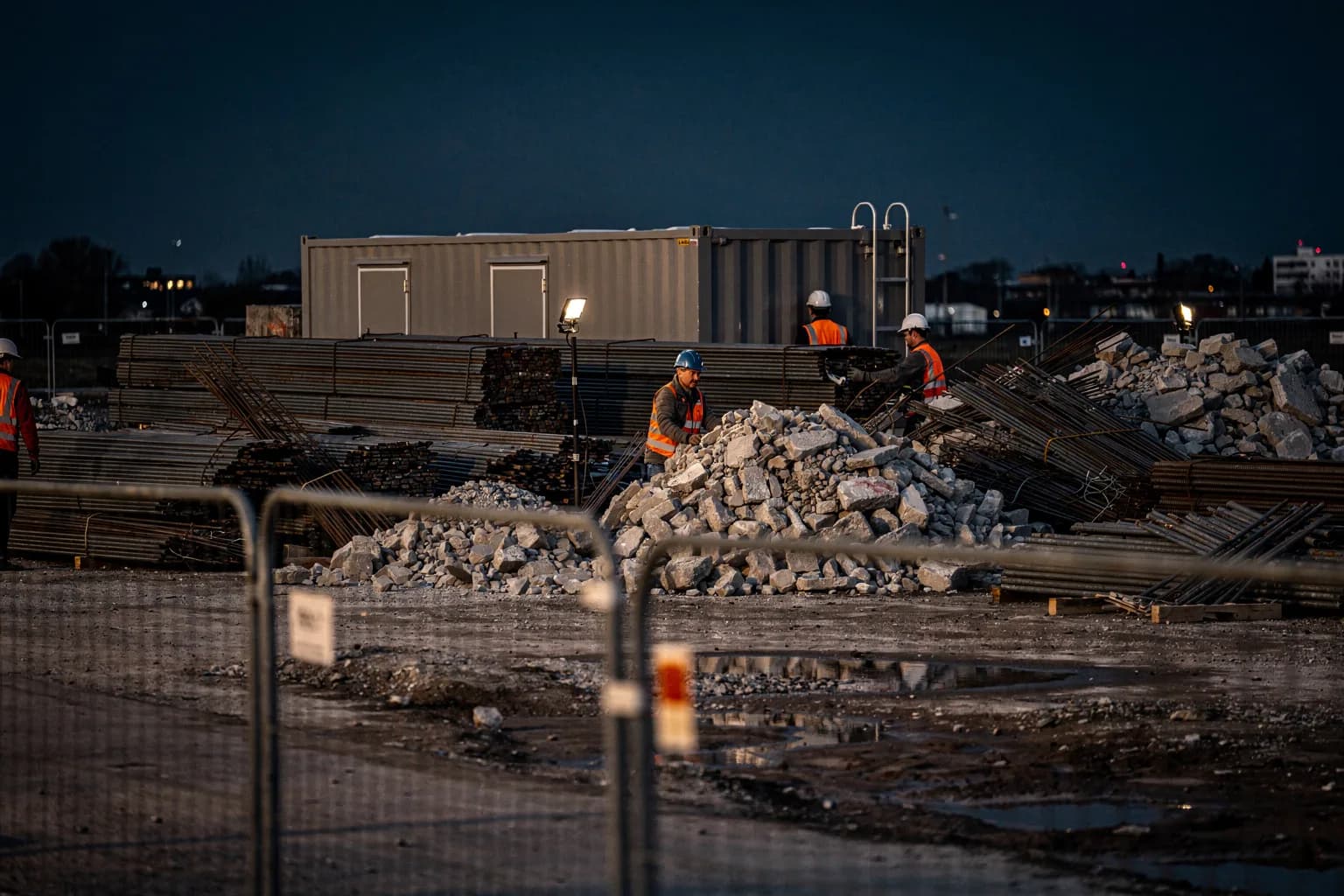 Geräumte Abbruchfläche in der Dämmerung mit sortierten Haufen aus Beton und Stahl, Bauzaun und Baucontainer