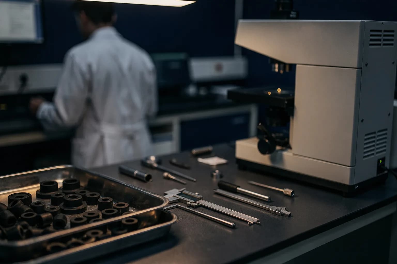Messlabor mit Profilprojektor und kleinen Gummiteilen in einer Schale, kühles gleichmäßiges Licht