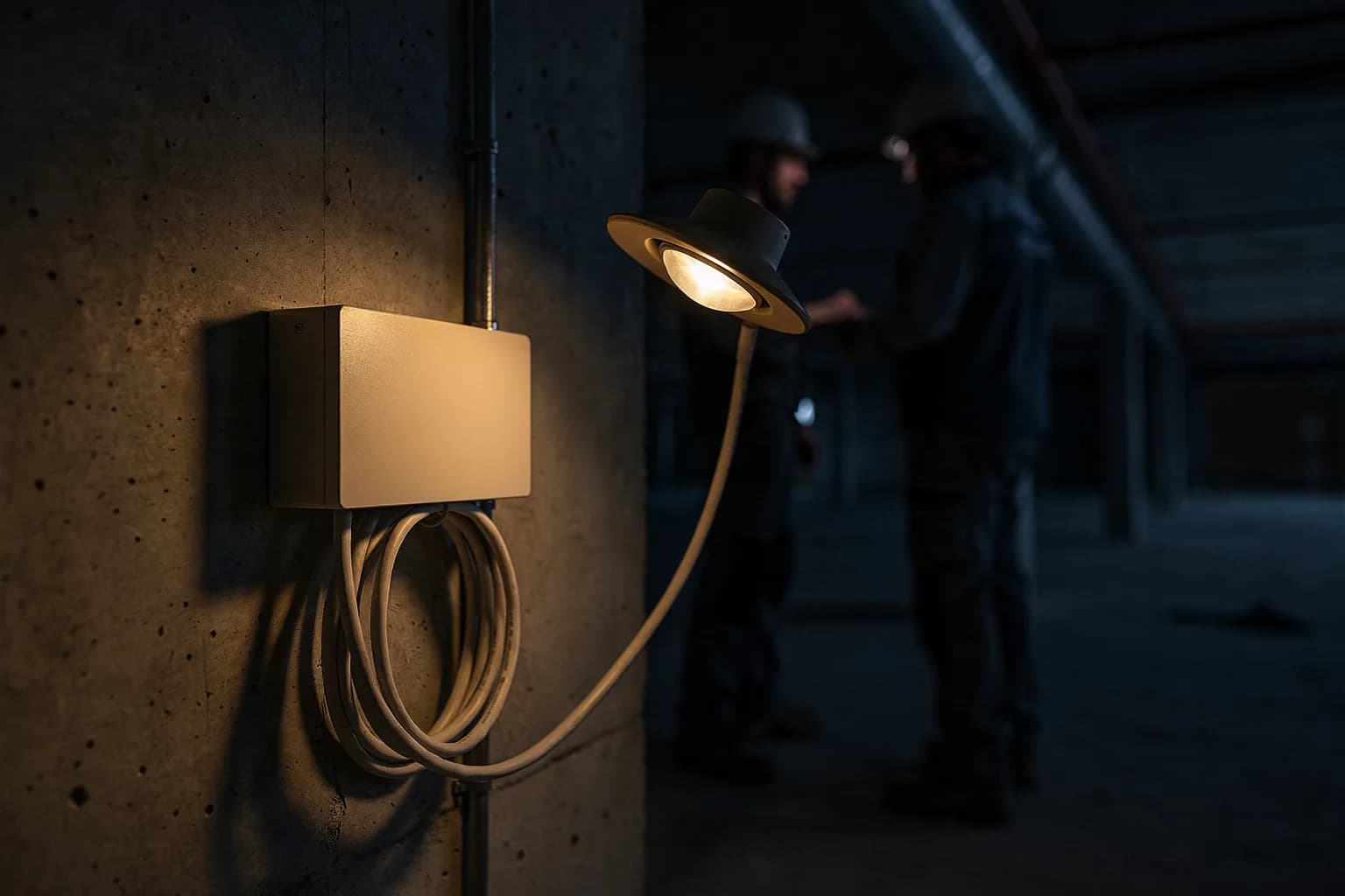 Hausübergabepunkt in einem Keller mit kleinem Abschlusskasten und aufgewickeltem Kabel, Arbeitsleuchte an nackter Wand