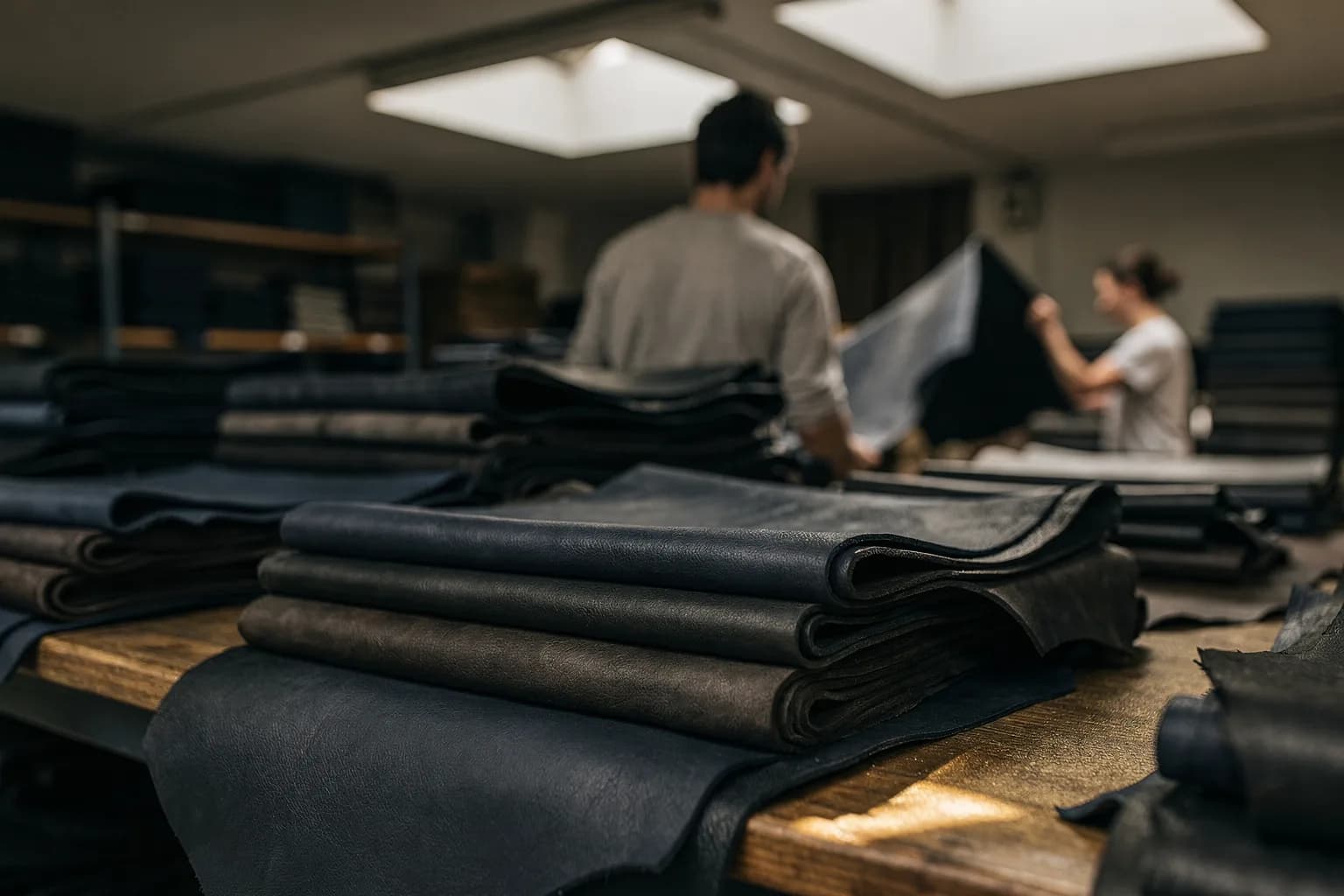 Sortiertisch mit gestapelten fertigen Lederhäuten in gedeckten Farben, gleichmäßiges Tageslicht von oben