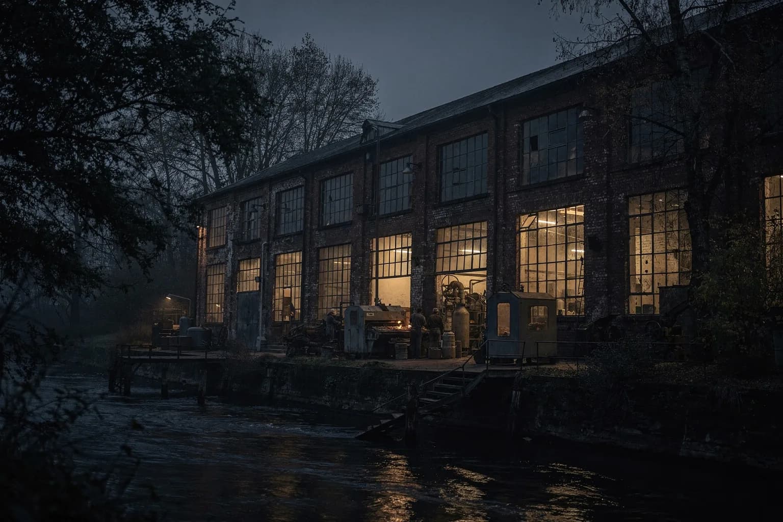 Altes Backsteingebäude einer Gerberei in der Dämmerung an einem kleinen Fluss, beleuchtete Fenster, Bäume