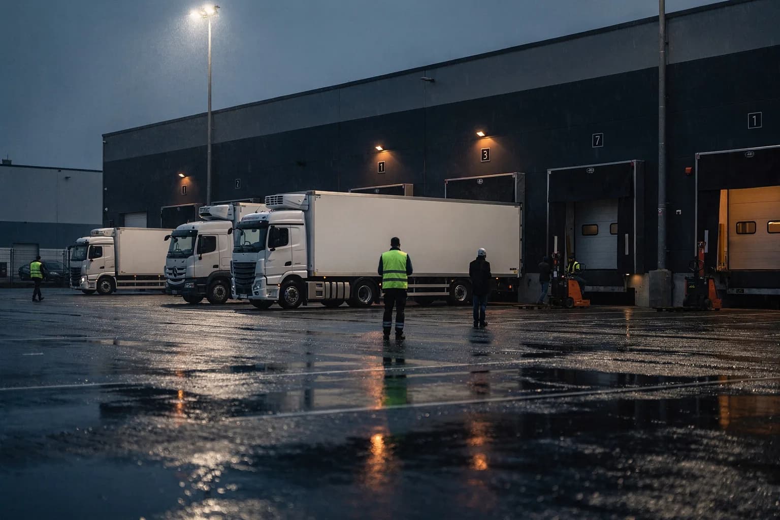 Logistikdepot in der Dämmerung mit Kühlaufliegern an den Verladetoren, flutlichtbeleuchteter Hof, leichter Regen auf dem Asphalt