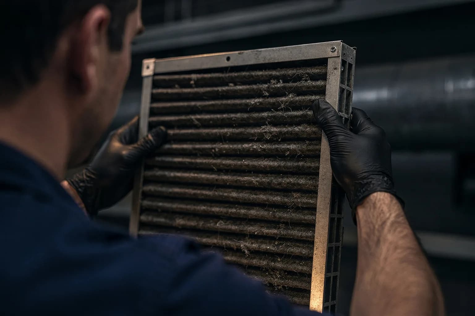 Nahaufnahme eines verstaubten Taschenfilters, der aus seinem Rahmen gezogen wird, behandschuhte Hände, geringe Schärfentiefe