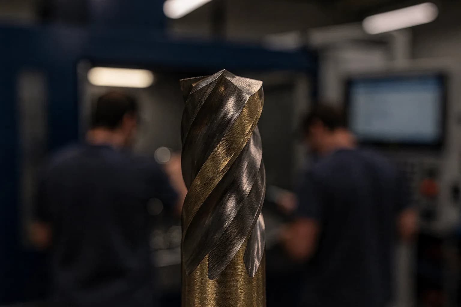 Extreme Nahaufnahme der Schneide eines Hartmetallfräsers, feine Spannutgeometrie, sehr geringe Schärfentiefe