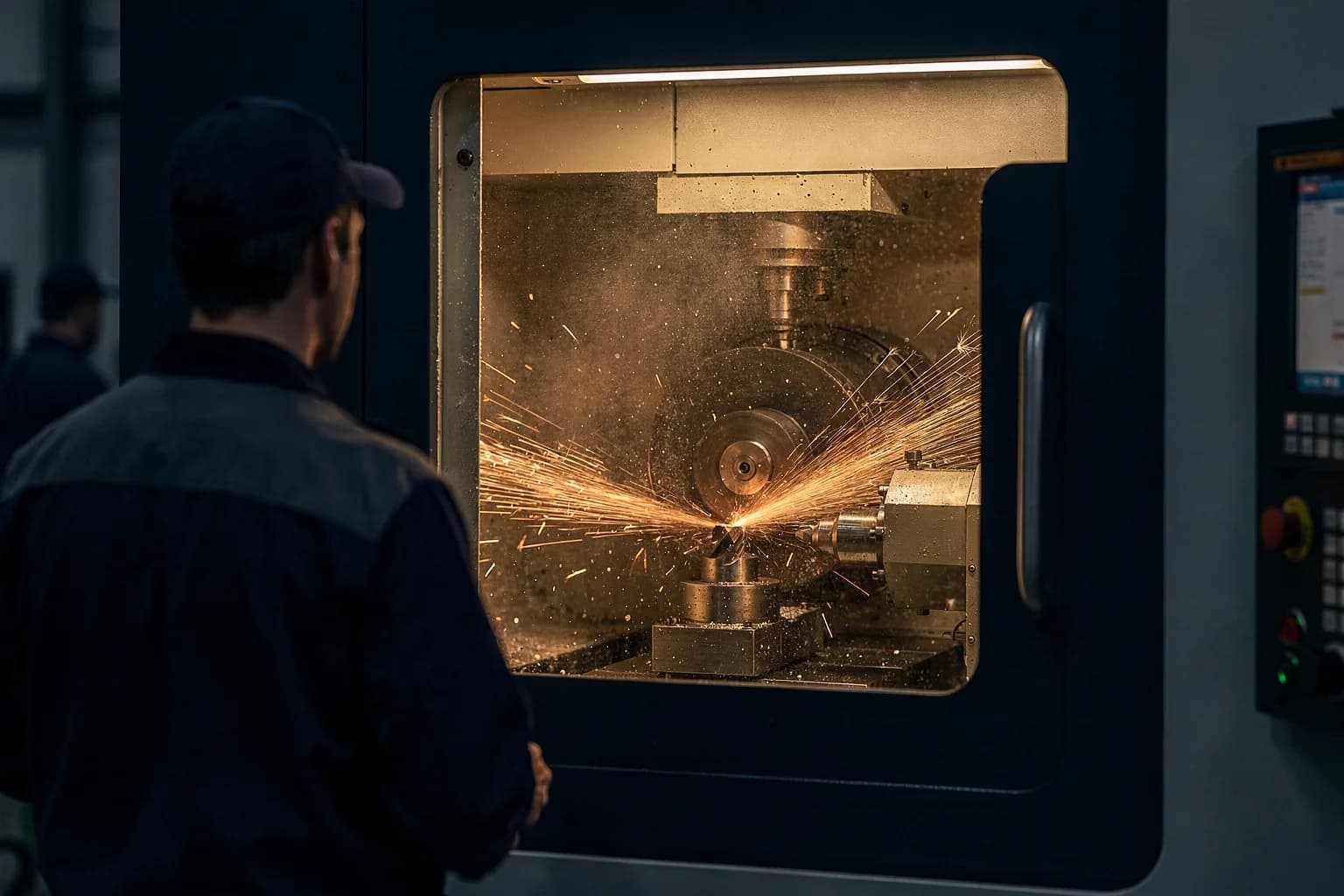 CNC-Werkzeugschleifmaschine durch das Fenster gesehen, beim Schleifen eines Hartmetallwerkzeugs, Kühlmittelstrahl und Funken, ein Bediener von hinten