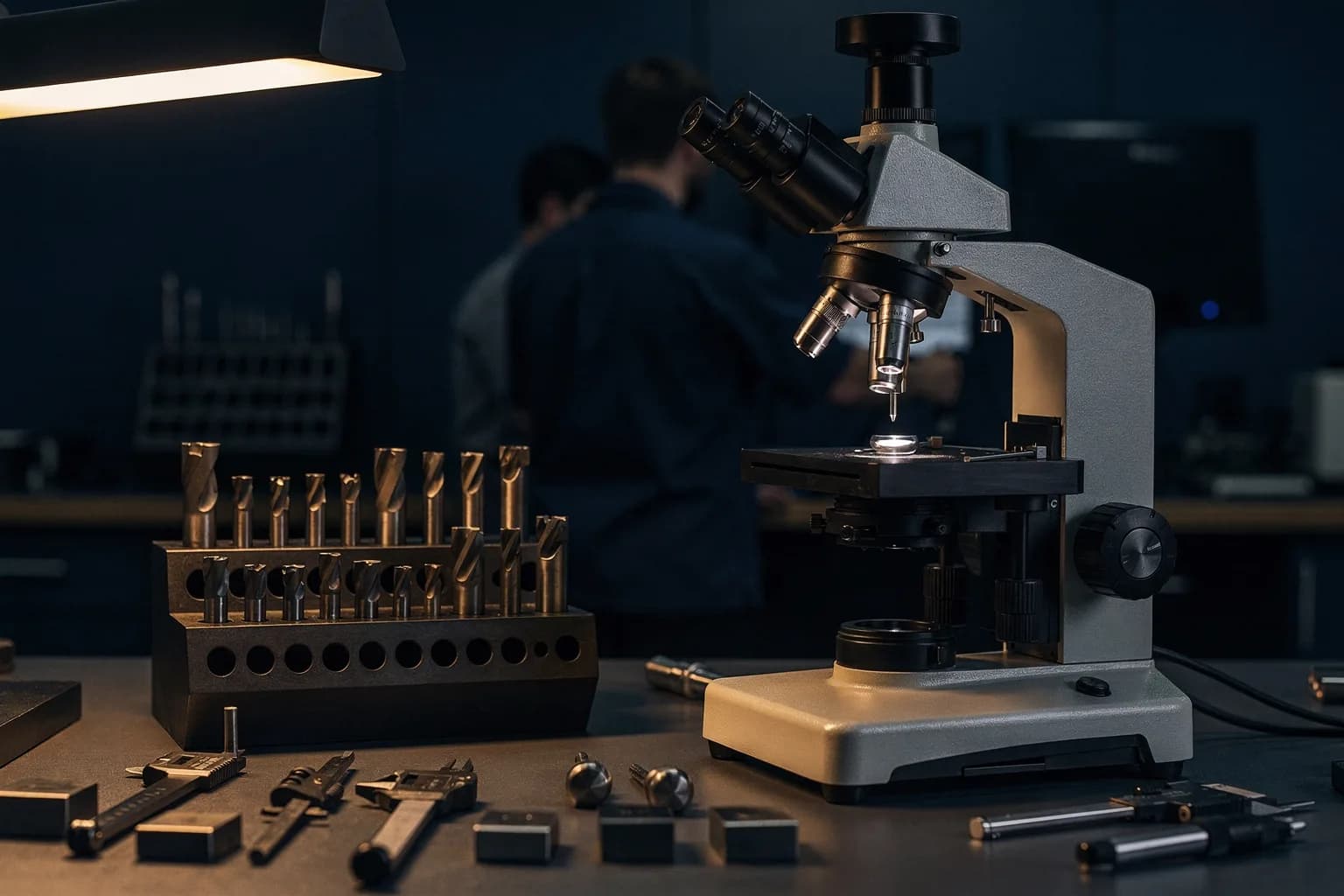 Messraum mit einem Werkzeugmessmikroskop und Hartmetallwerkzeugen in einer Aufnahme, kühles gleichmäßiges Licht