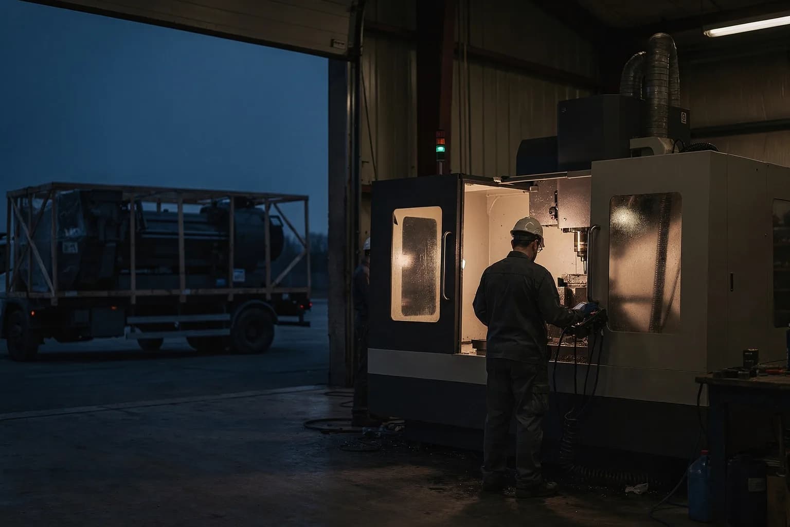 Werk für Werkzeugmaschinen in der Dämmerung mit hohem Hallentor und einer verpackten Maschine auf dem Vorplatz