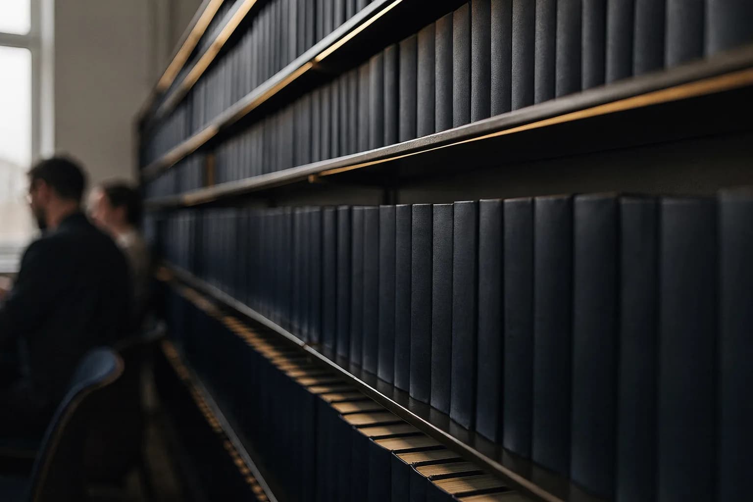 Bibliotheksregal mit gebundenen wissenschaftlichen Zeitschriften mit leeren Rücken, fluchtende Reihe, weiches gerichtetes Licht