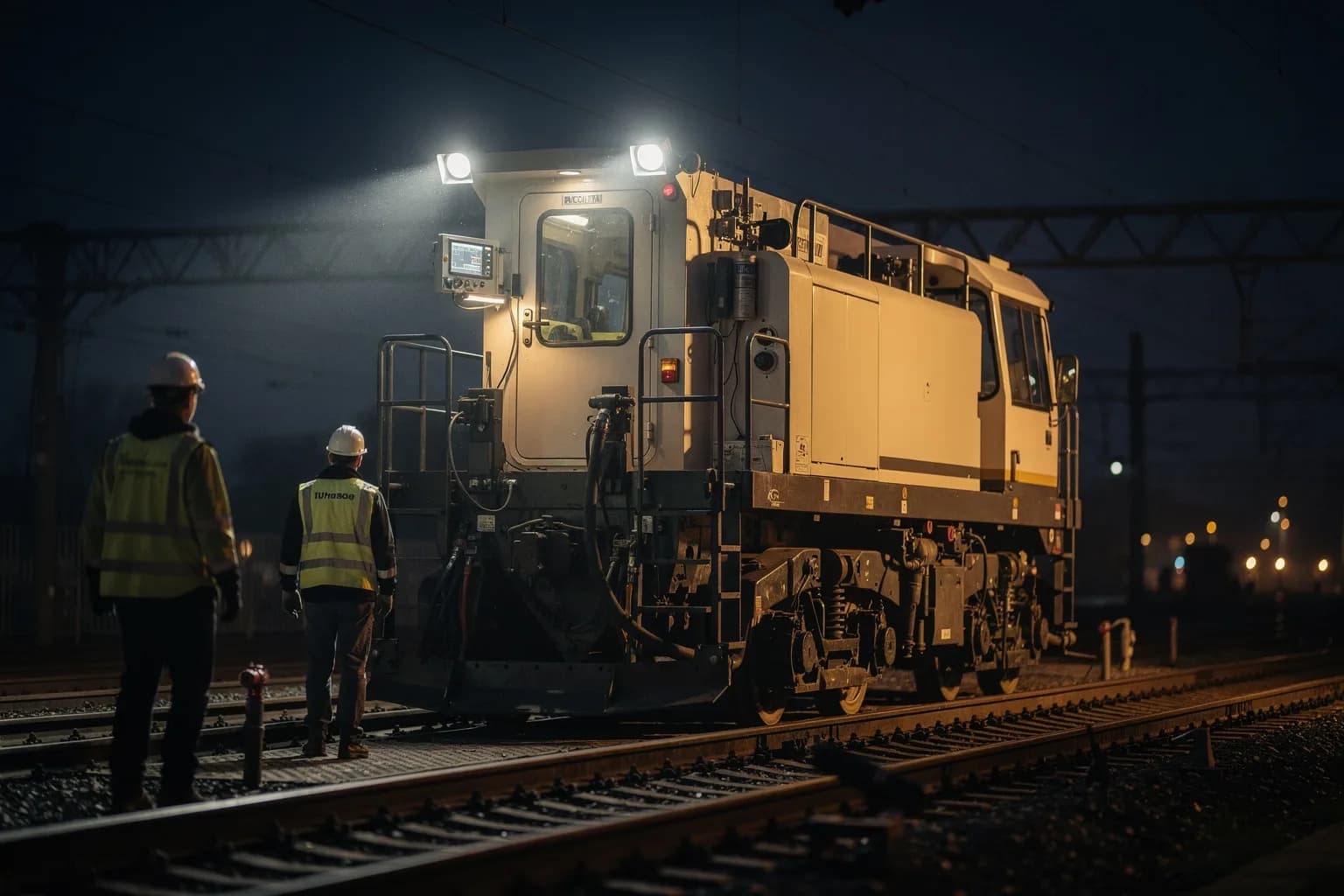 Stopfmaschine bei Nacht unter Flutlicht auf dem Gleis stehend, glatte unbeschriftete Gehäuse