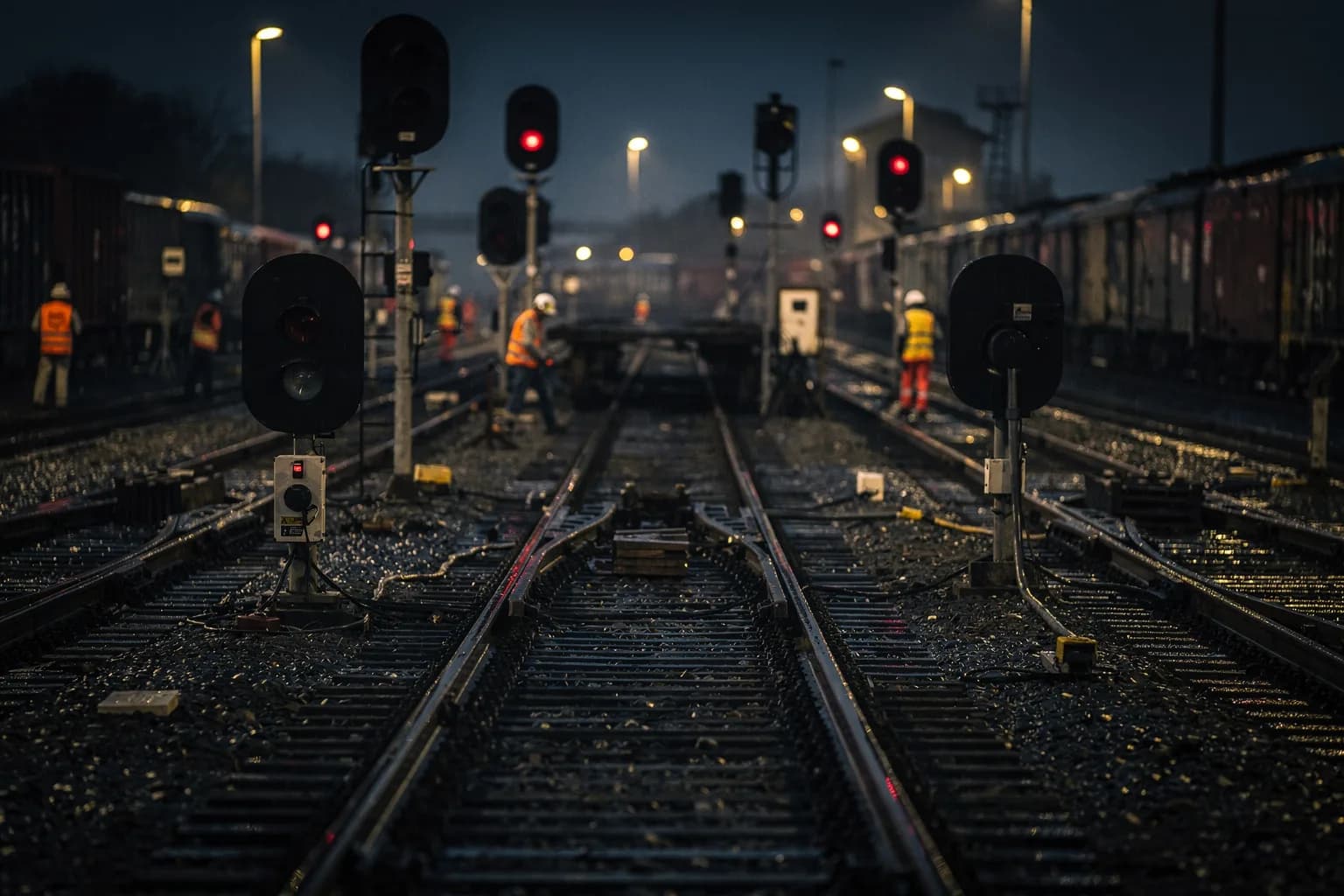 Bahnhofsvorfeld bei Nacht mit Signallichtern und parallelen Gleisen, nasse Schienen spiegeln, kein Bahnhofsgebäude