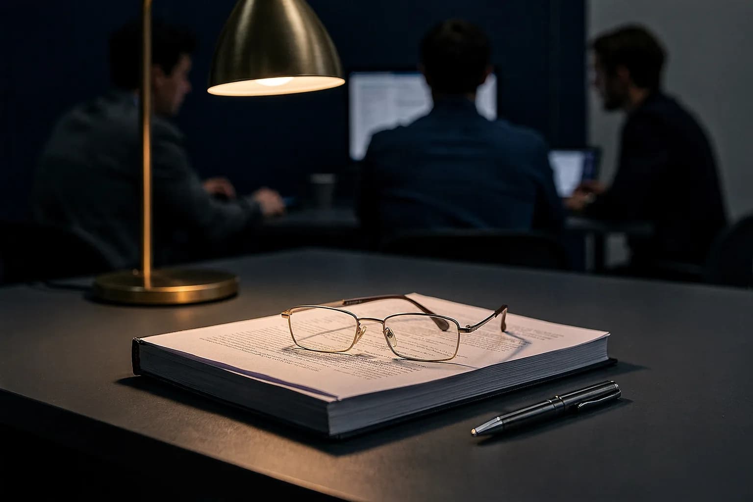 Schreibtisch mit einem dicken gedruckten Dossier, einer Lesebrille und einem Stift, warmes Lampenlicht, kein lesbarer Text