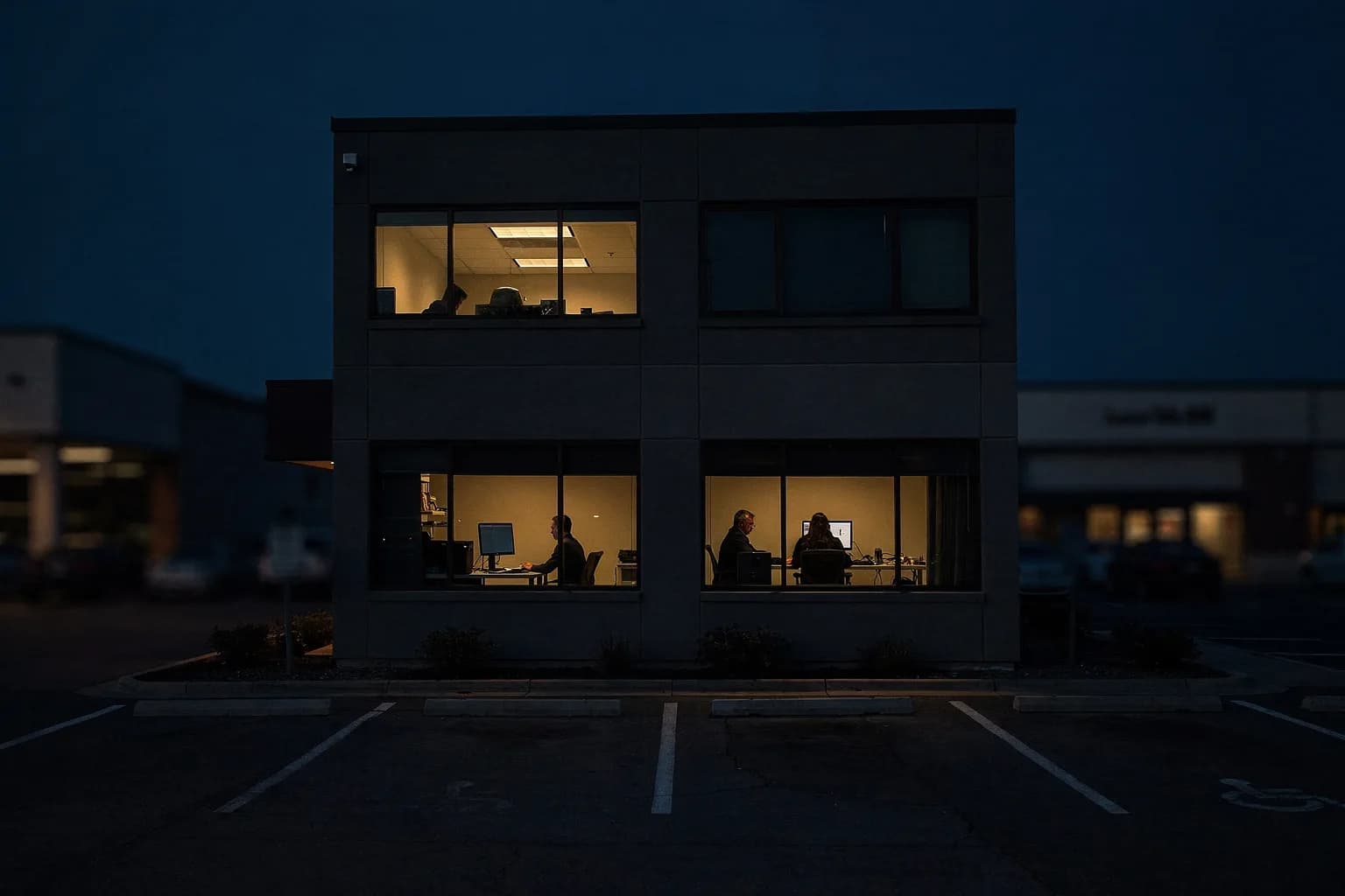 Schlichtes Bürogebäude in der Dämmerung in einem Gewerbegebiet, zwei Fenster beleuchtet, leere Parkbuchten