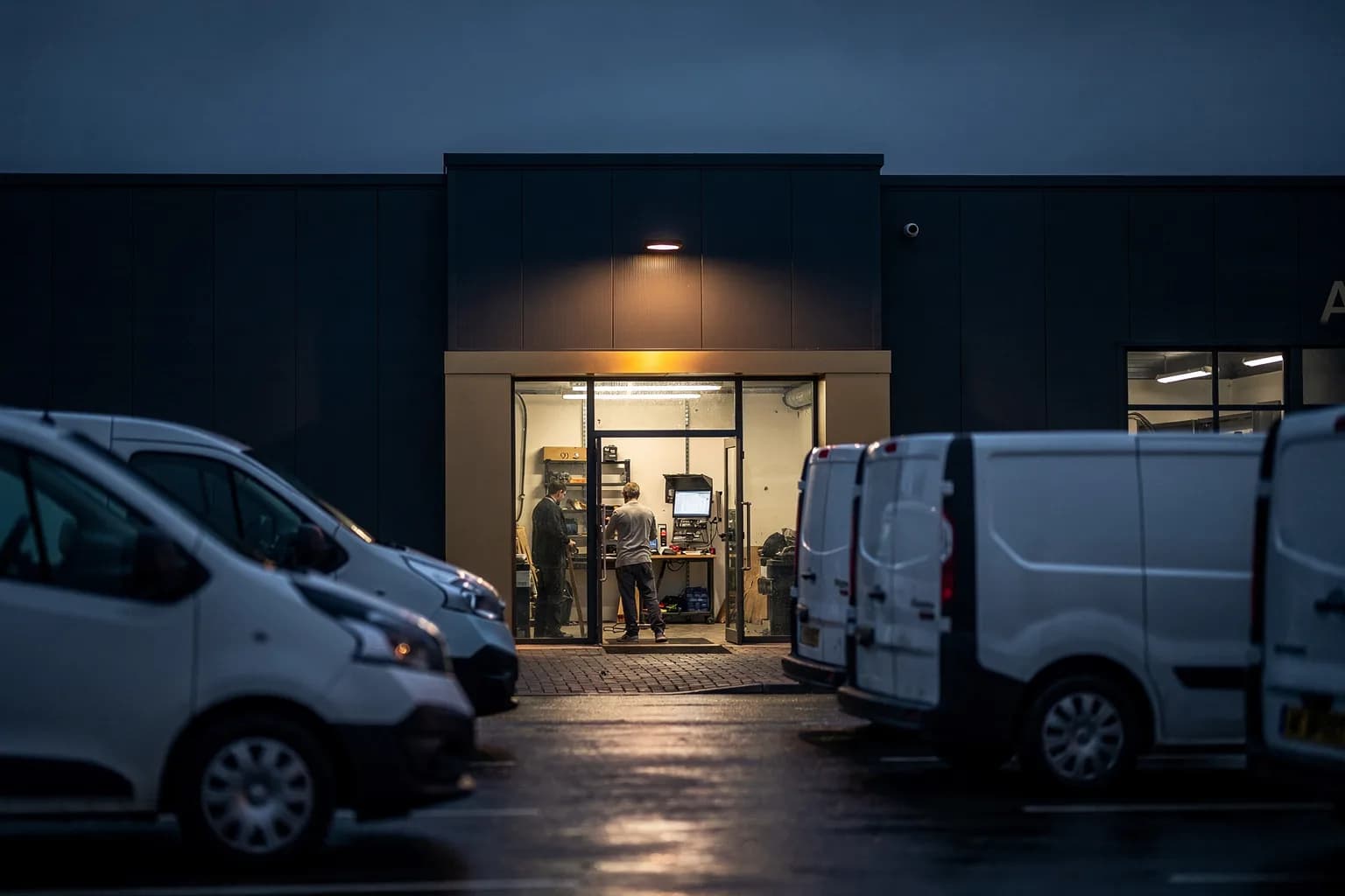 Gebäude mit Abholtheke in der Dämmerung, davor geparkte Handwerkerfahrzeuge und ein beleuchteter Eingang, Gewerbegebiet