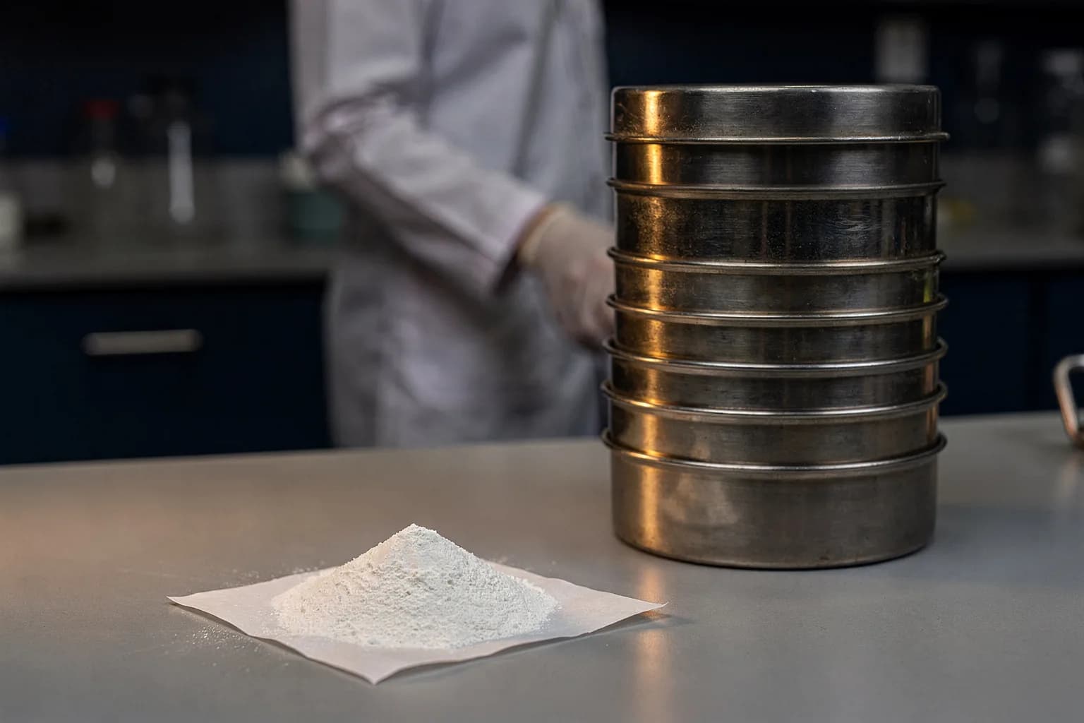 Laborbank mit einem Stapel Analysensiebe und einer kleinen Probe weißen Pulvers auf Wägepapier, gleichmäßiges Licht