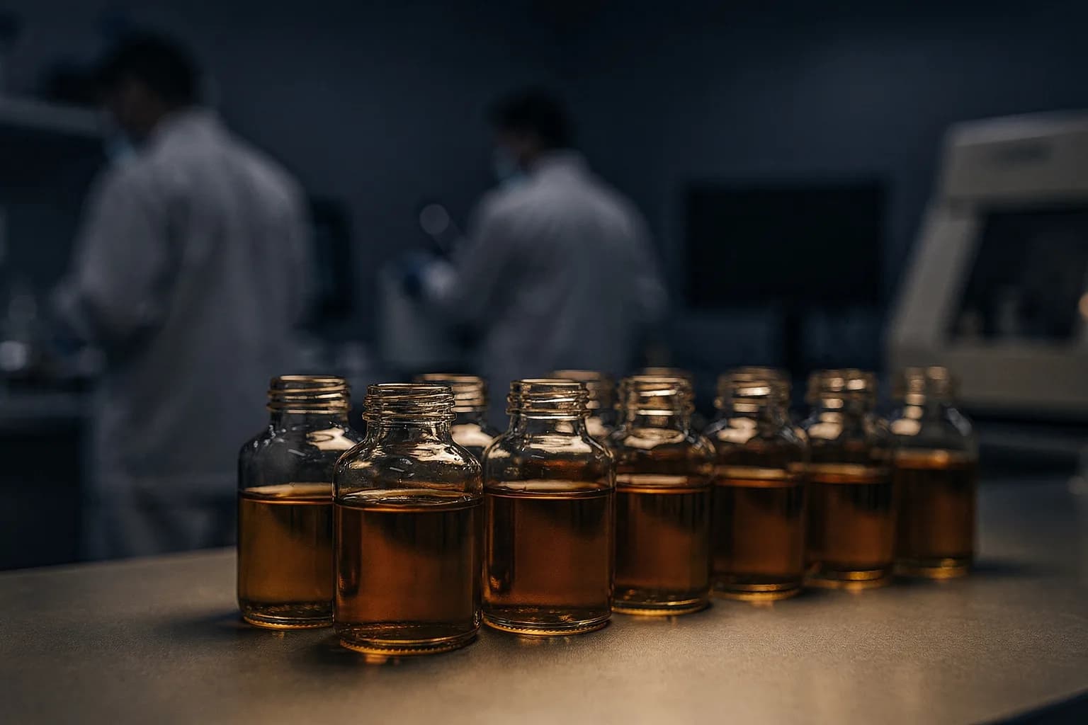 Reihe unbeschrifteter Probenflaschen mit bernsteinfarbener Flüssigkeit auf einer Laborbank, gleichmäßiges Licht, Glas und Spiegelungen
