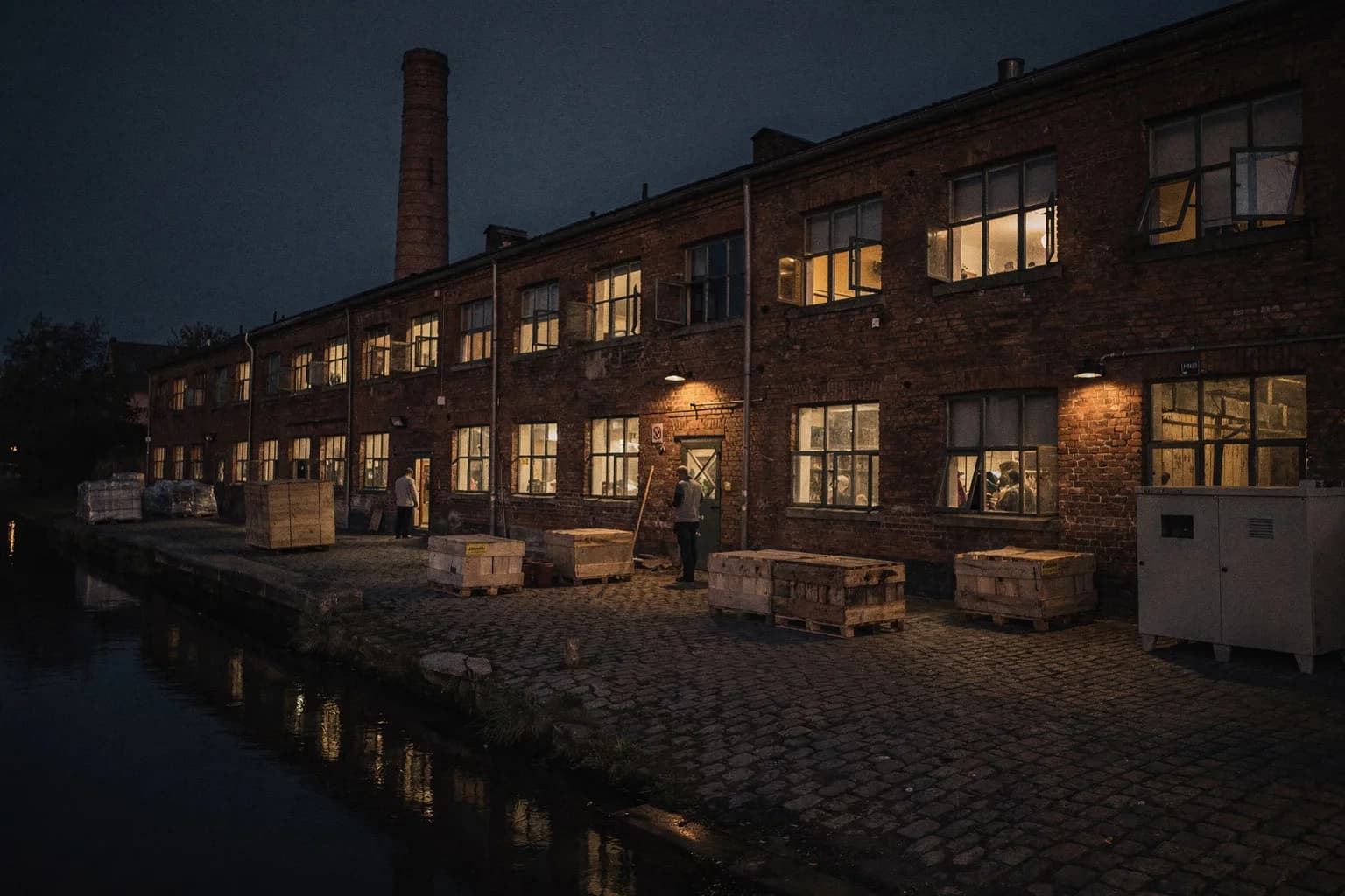 Älteres Backsteingebäude der Industrie in der Dämmerung am Fluss, beleuchtete Fensterreihen und ein hoher Schornstein, ruhiger gepflasterter Hof