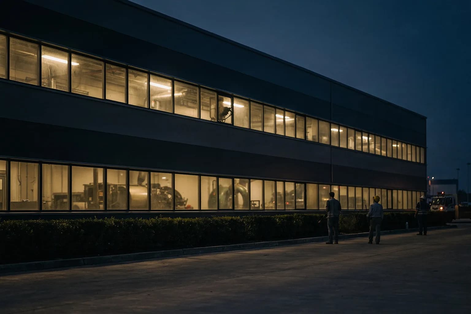 Industriegebäude in der Dämmerung mit eigenen beleuchteten Fensterbändern, niedrige Hecke und ein gekehrter Vorplatz
