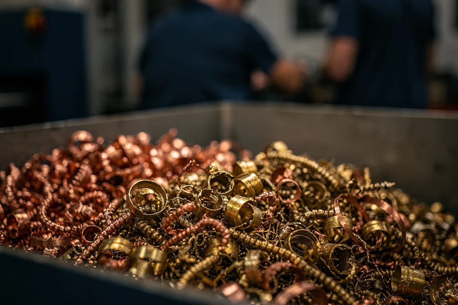 Nahaufnahme sortierter Kupfer- und Messingspäne in einem Behälter, warme Metalltöne, geringe Schärfentiefe