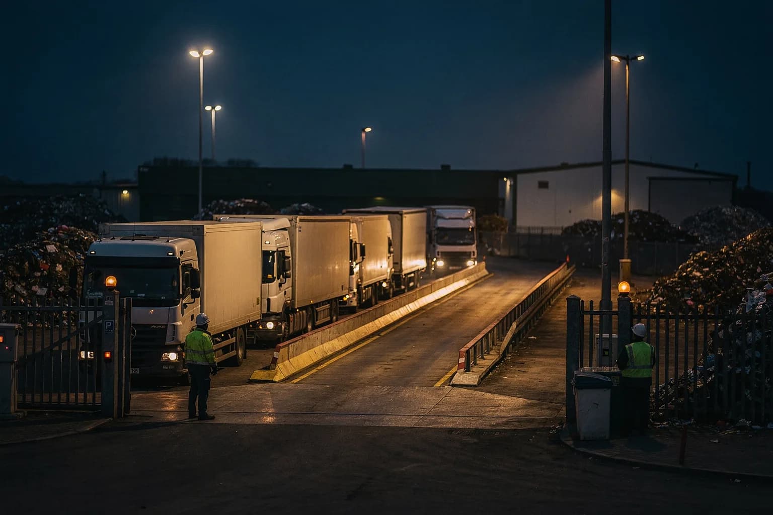 Recyclinghof in der Dämmerung mit Fahrzeugwaage und Flutlicht, Lastwagen stehen am Tor in der Schlange