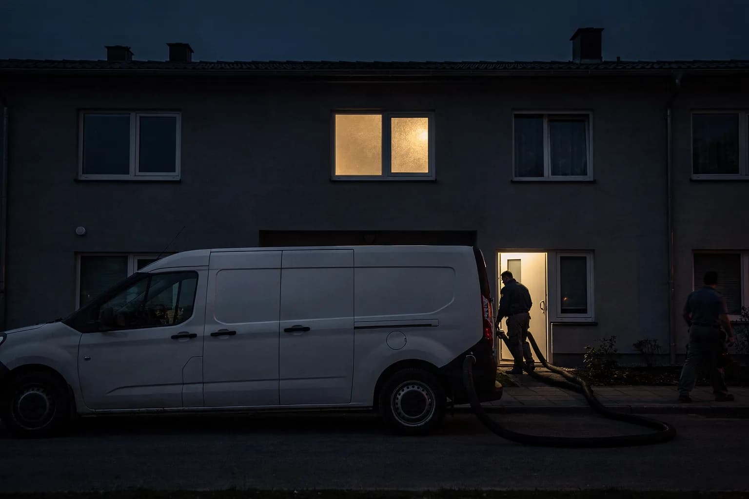 Wohnhaus in der Dämmerung mit einem beleuchteten Fenster und einem Servicefahrzeug davor, Schläuche führen zu einer Tür im Erdgeschoss