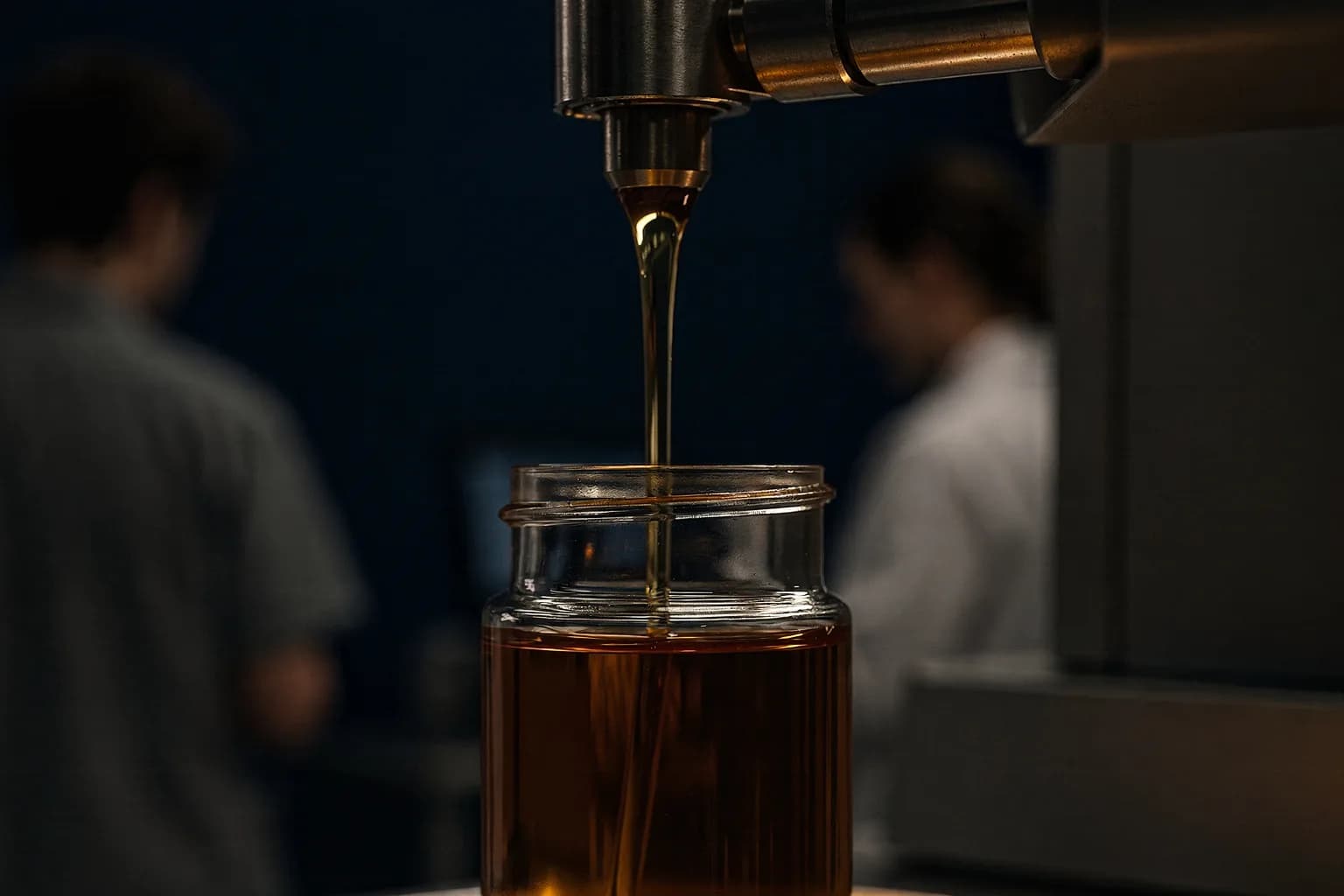 Nahaufnahme bernsteinfarbenen Öls, das an einem Abfüllventil in eine klare Probenflasche läuft, glänzender Strahl