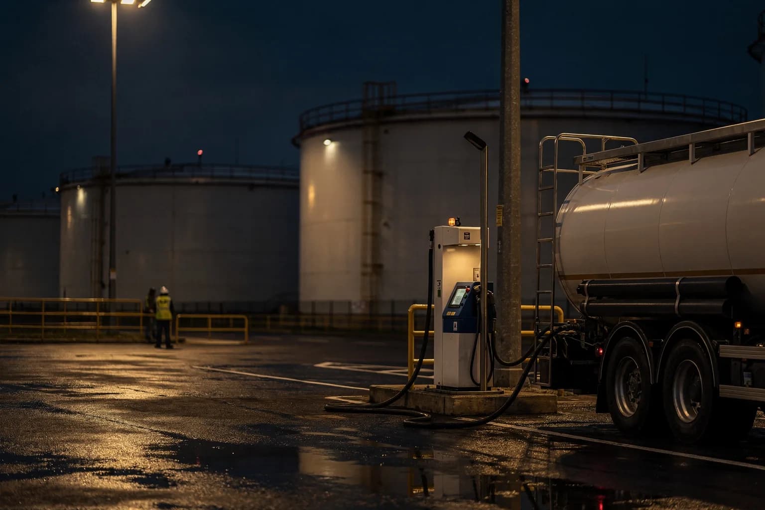 Industriegelände in der Dämmerung mit Lagertanks und einem Straßentankwagen an der Befüllstation, Flutlicht, nasser Asphalt
