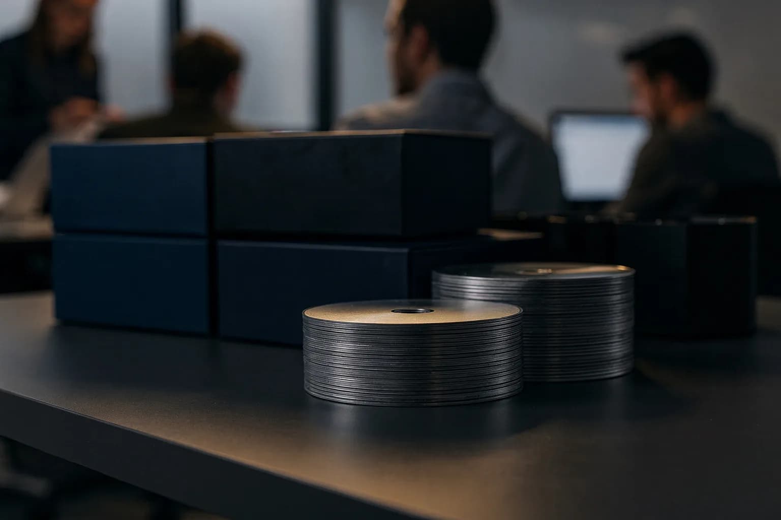 Regal mit unbedruckten Schachteln und ein Stapel unbeschrifteter Datenträger auf einem Schreibtisch, weiches gerichtetes Licht