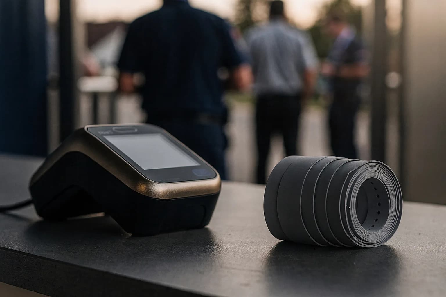 Nahaufnahme eines Ticketscanners und einer Rolle unbedruckter Einlassbänder auf einem Tresen am Eingang, geringe Schärfentiefe