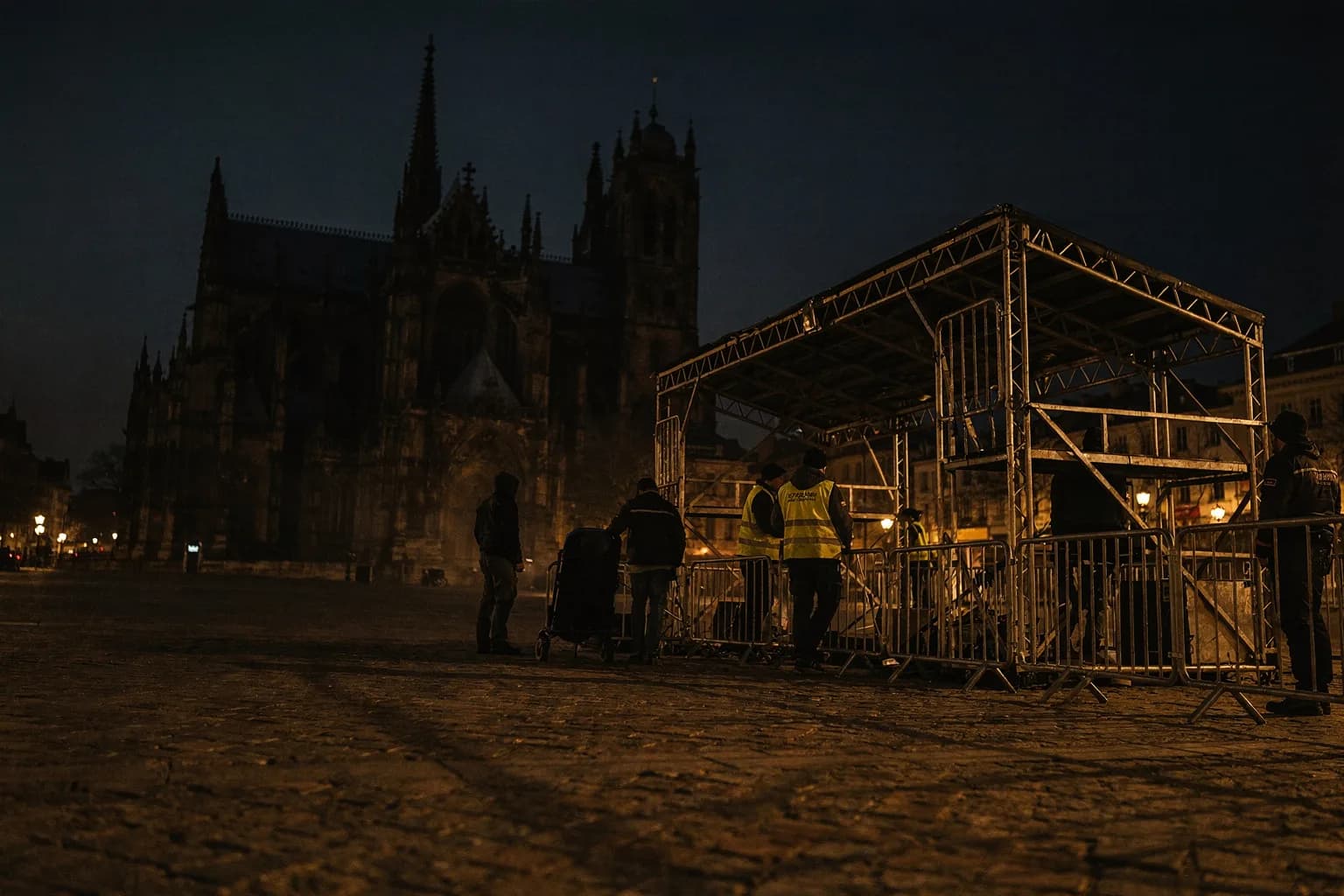 Historischer Platz in der Dämmerung mit einer temporären Tribünenkonstruktion, dahinter die Silhouette eines Doms, leeres Kopfsteinpflaster